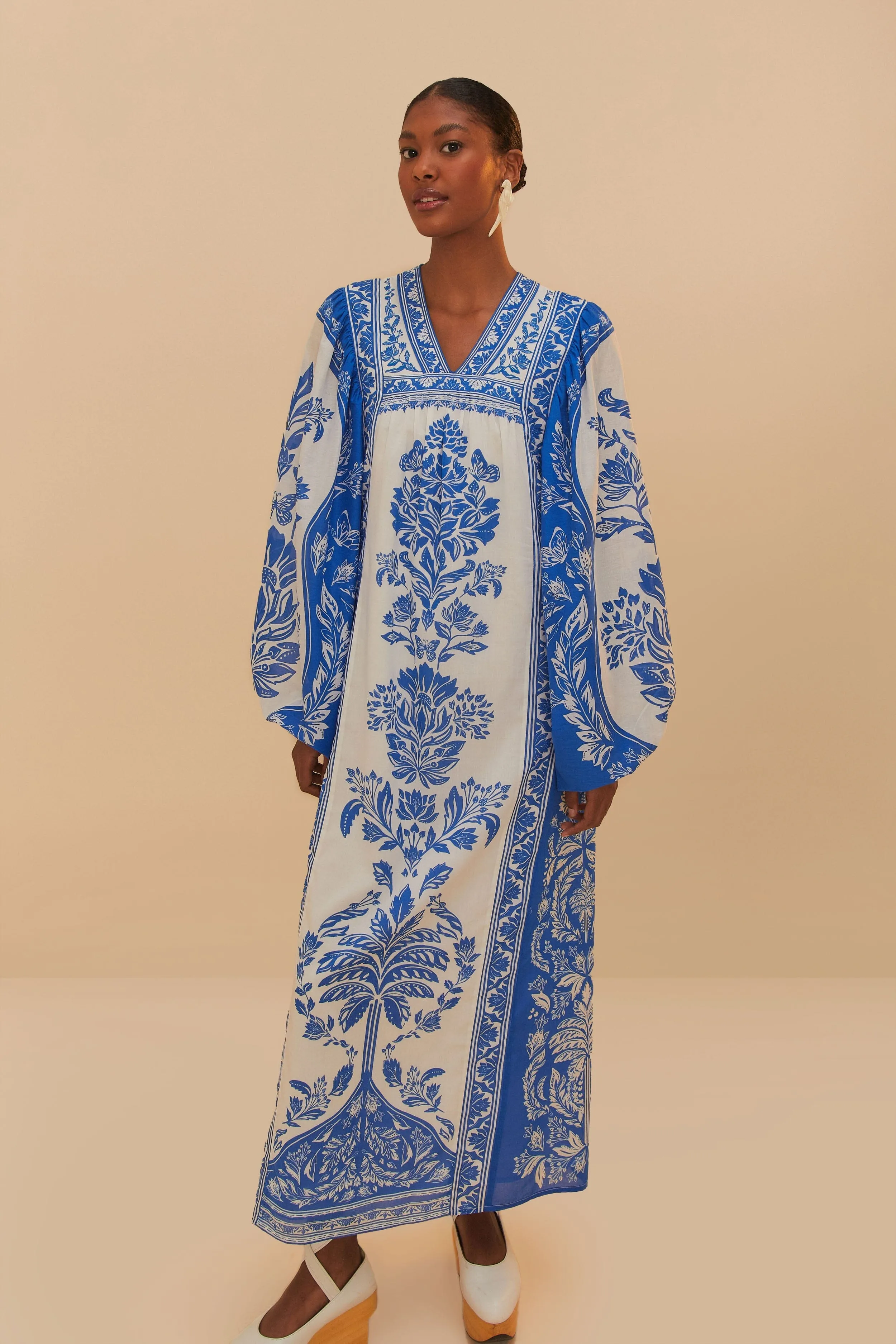 Bell Sleeve Off-White Delicate Tapestry Long Sleeve Maxi Dress