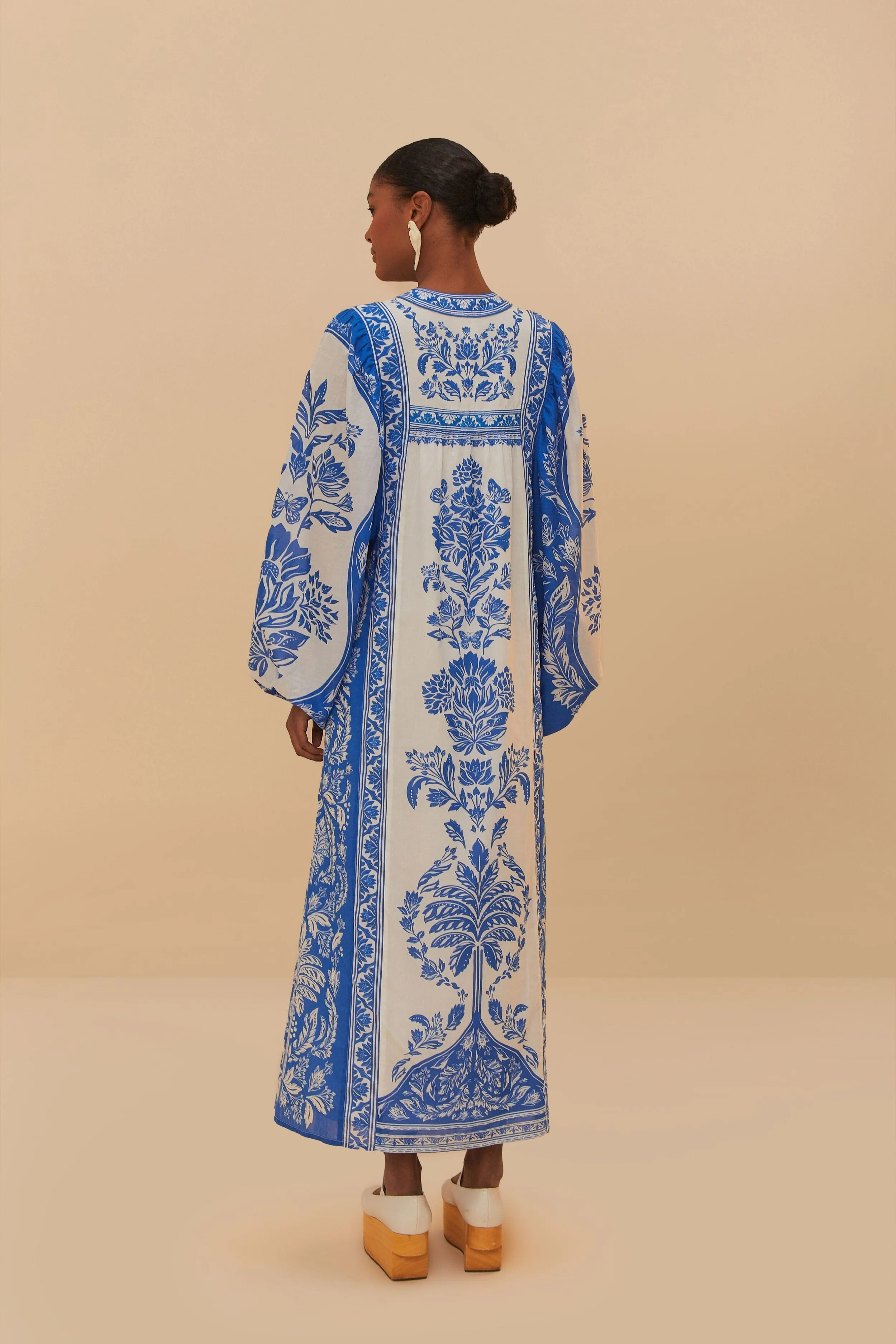 Alpine Glow Ruby Shine Off-White Delicate Tapestry Long Sleeve Maxi Dress