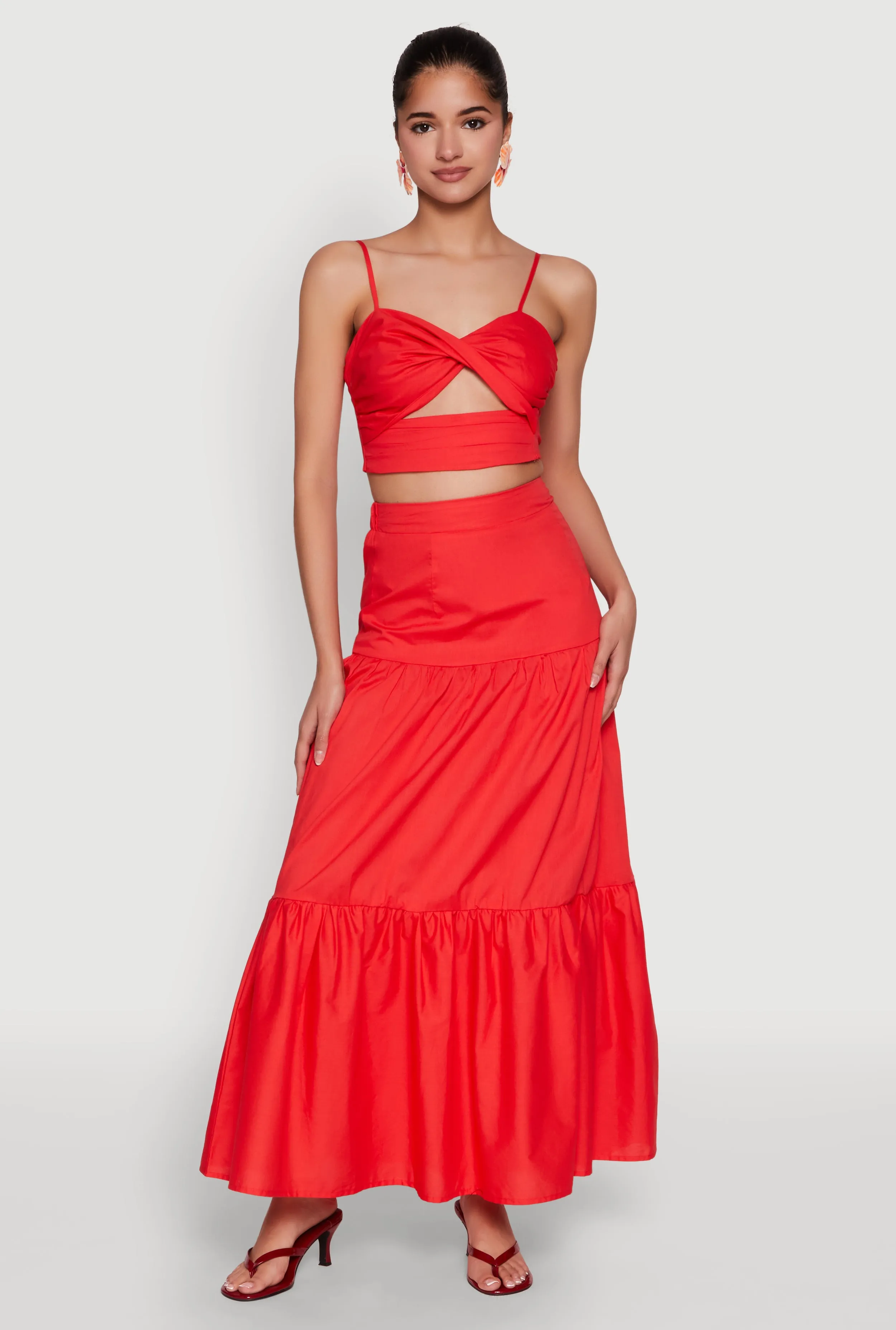 Polished Style perforated design Poplin High Waist Tiered Maxi Skirt