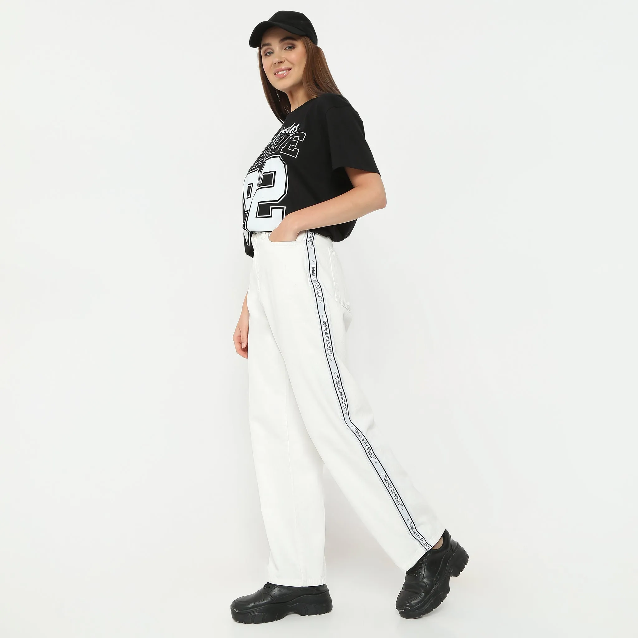 Straight Fit Solid Full Length High Rise Side Tape Look White Jeans Smart Casual Planet Glow