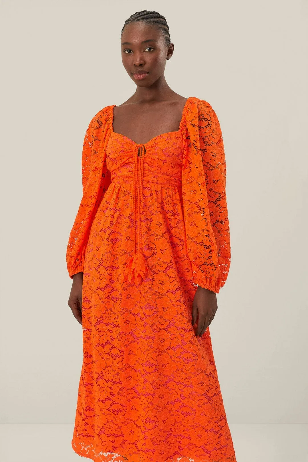 Orange Lace Long Sleeve Midi Dress Flower Lane