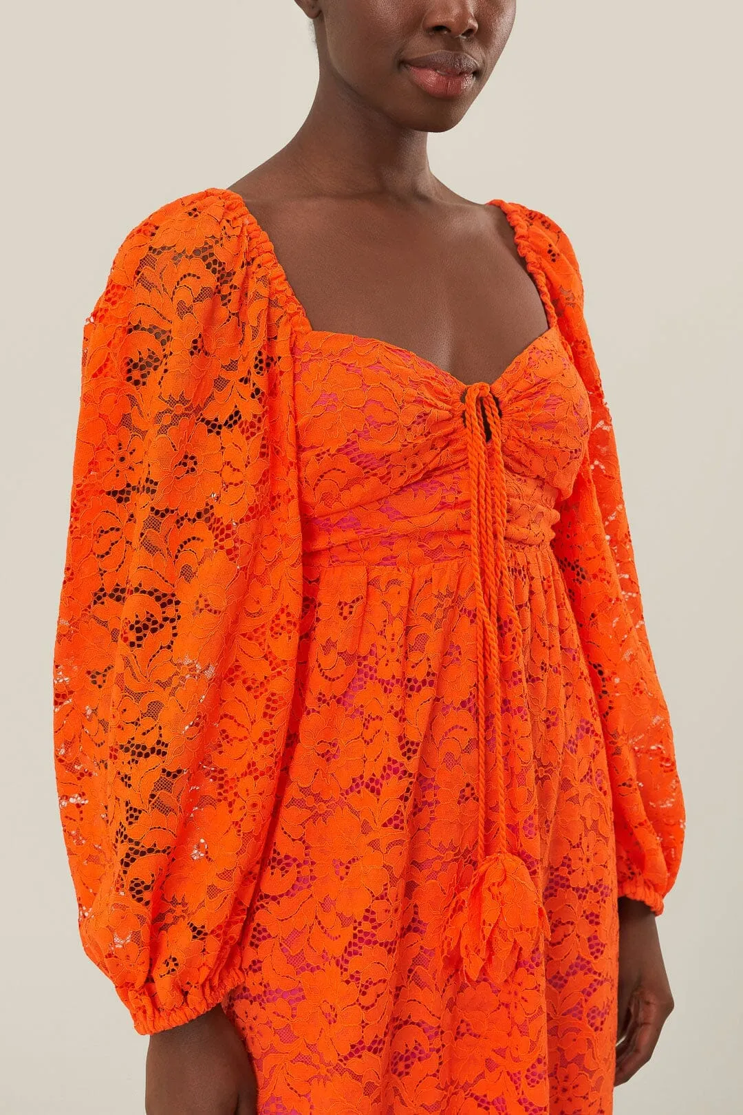 Stylish semi-formal dress Orange Lace Long Sleeve Midi Dress