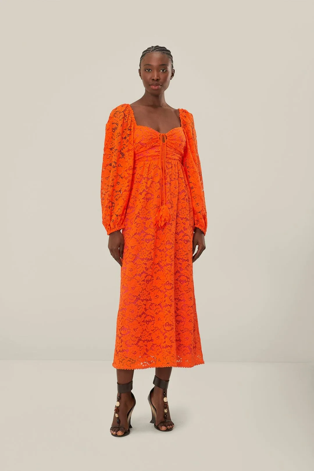 Stylish Casual Feminine Elegance Orange Lace Long Sleeve Midi Dress