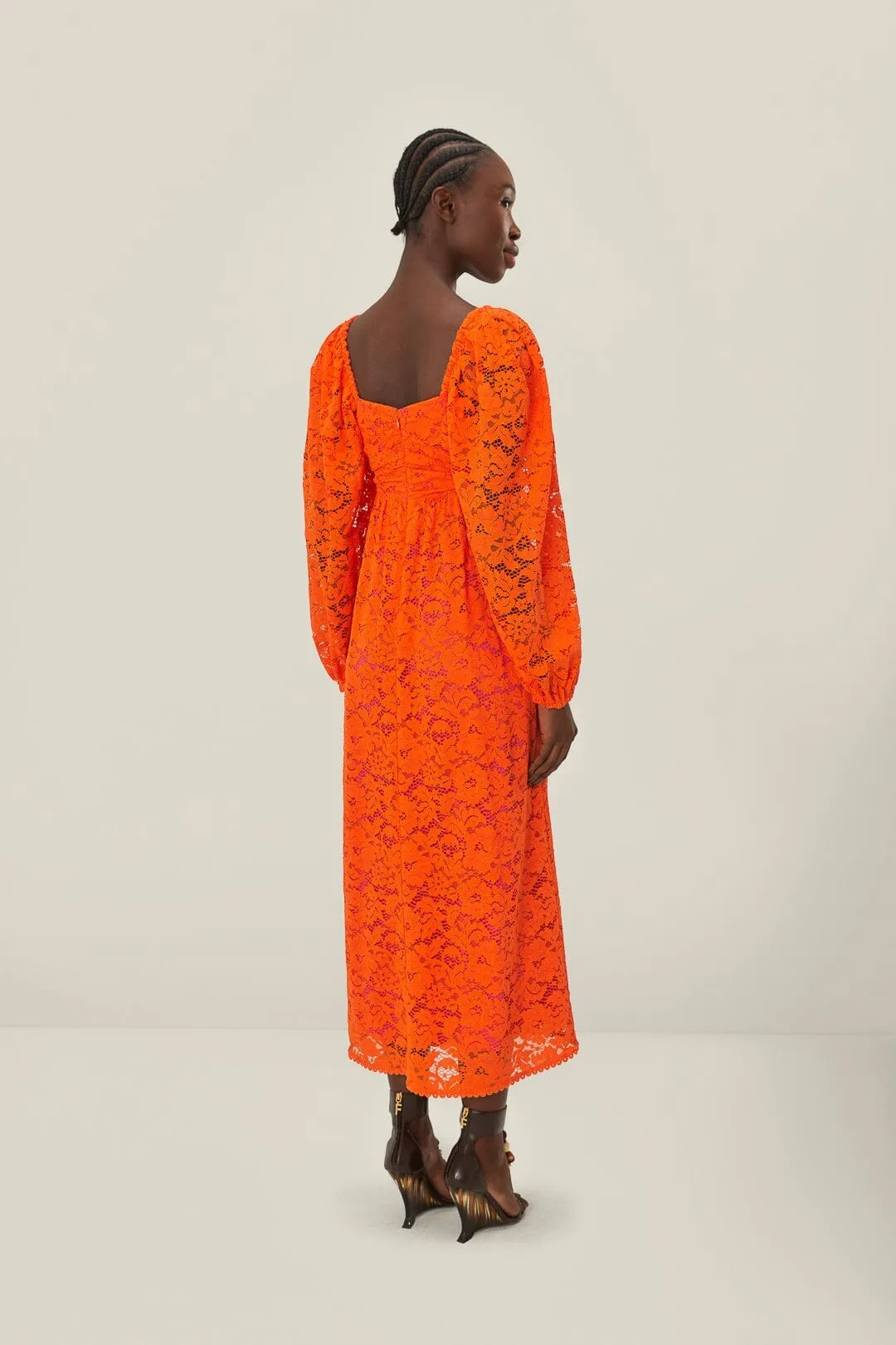 Orange Lace Long Sleeve Midi Dress Quick Ready