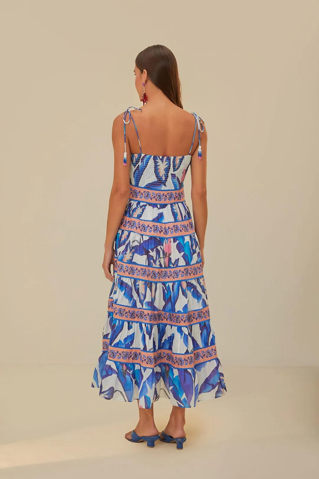 Castle Gate Off-White Blue Foliage Midi Dress