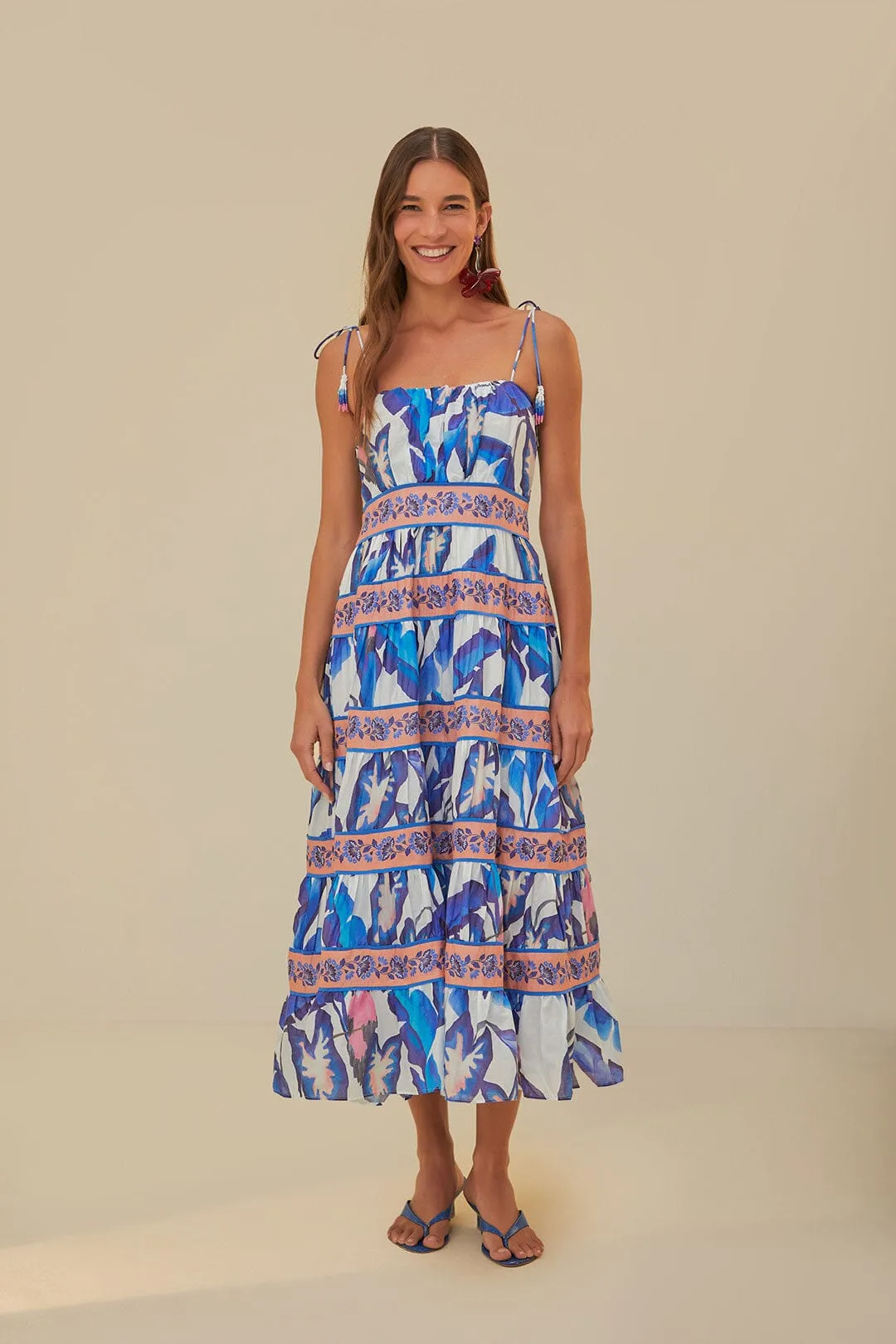 Elegant Vibe Relaxed summer midi Off-White Blue Foliage Midi Dress