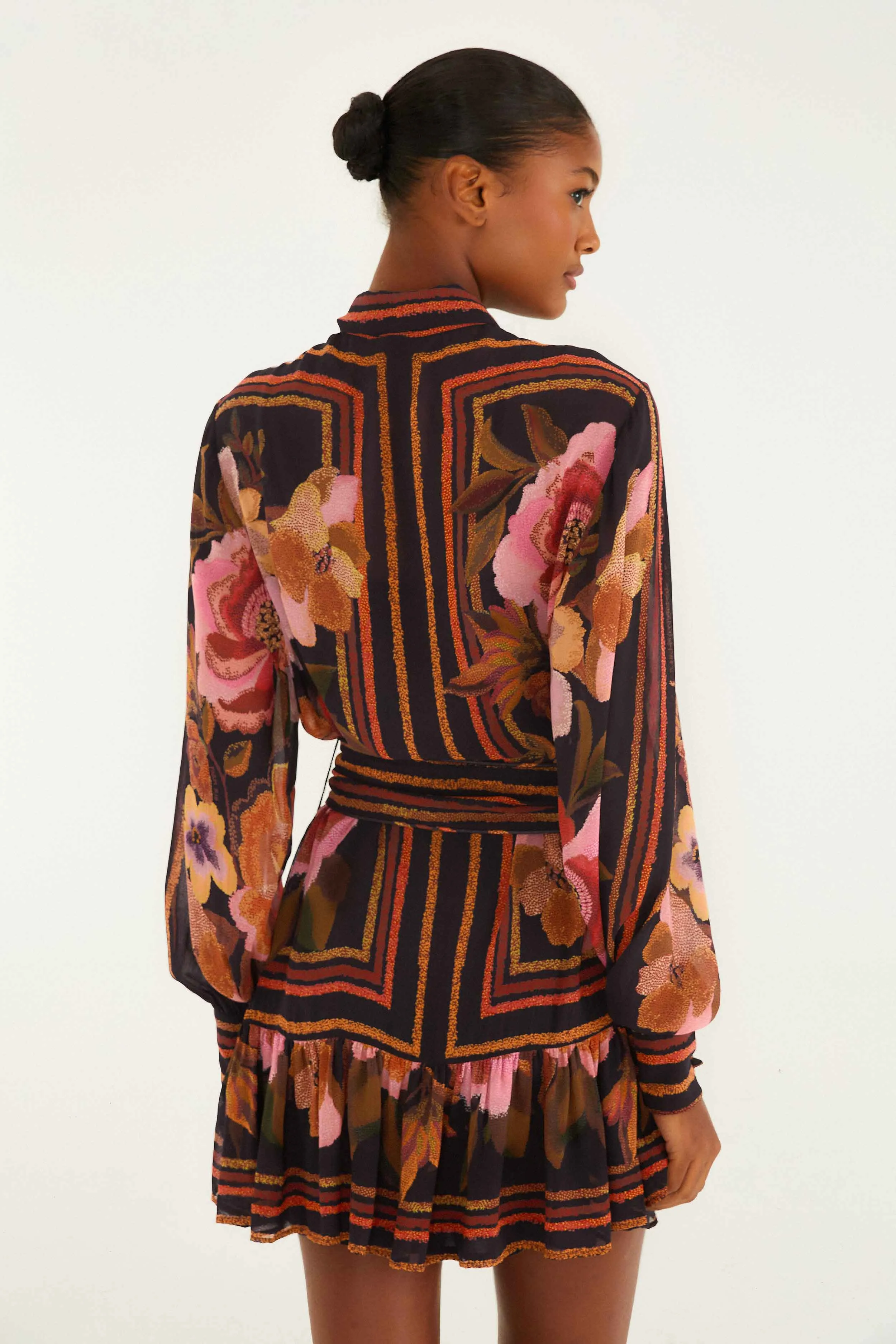 Black Chenille Flowers Belted Long Sleeve Mini Dress Cross Back Support Design