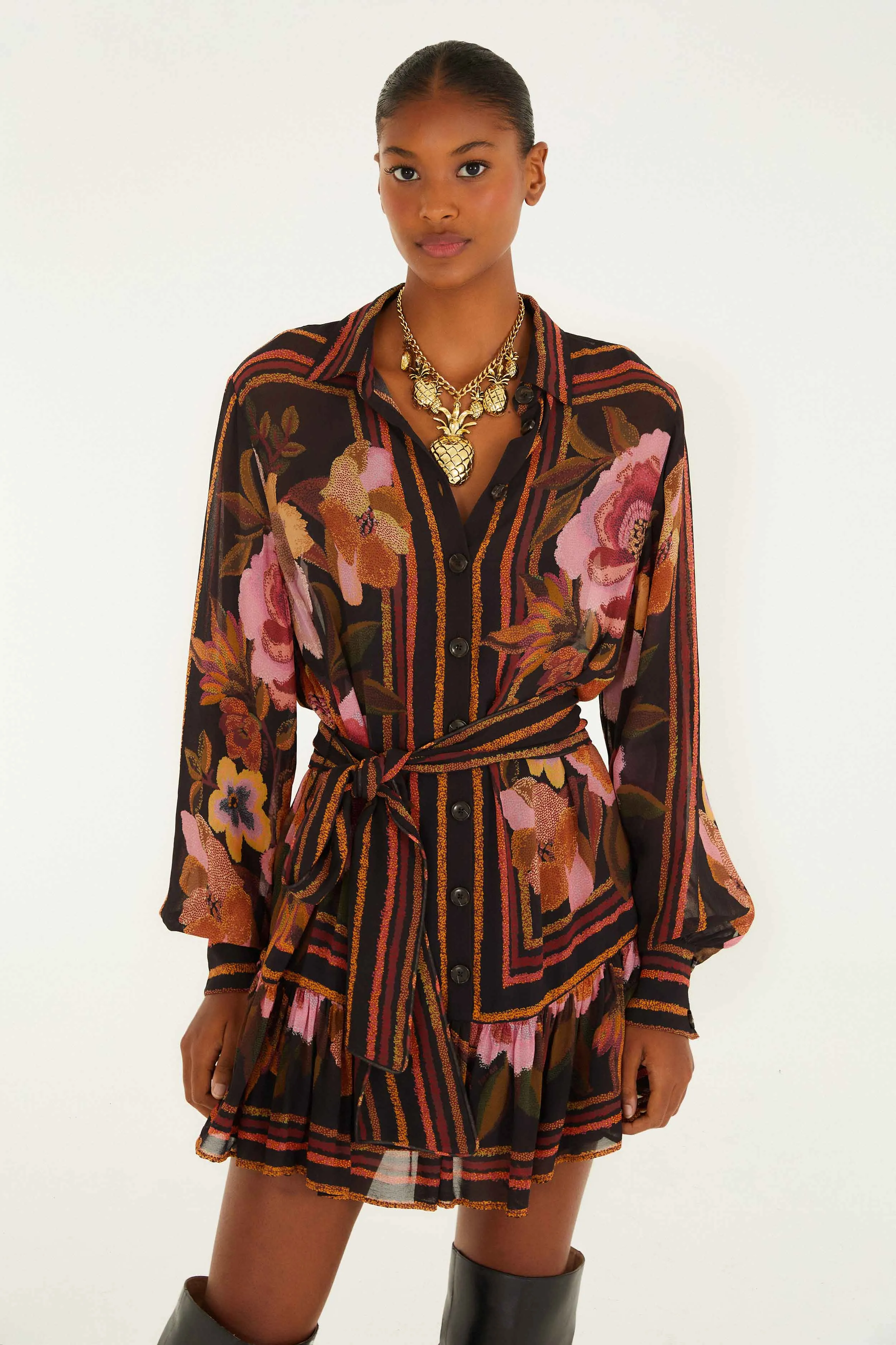 Odor Resistant Fabric Black Chenille Flowers Belted Long Sleeve Mini Dress