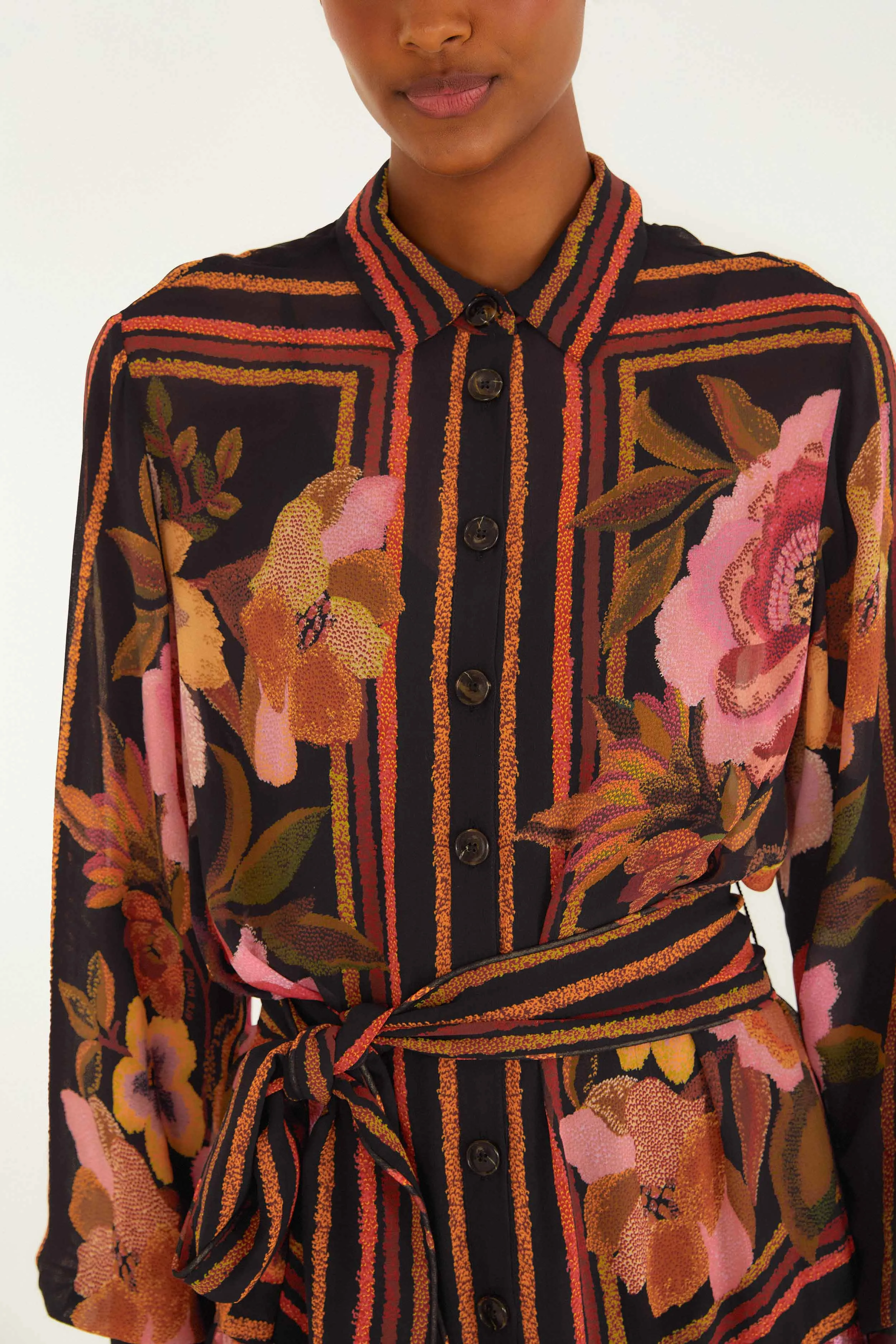 Black Chenille Flowers Belted Long Sleeve Mini Dress Vibrant Silhouette Subtle Texture