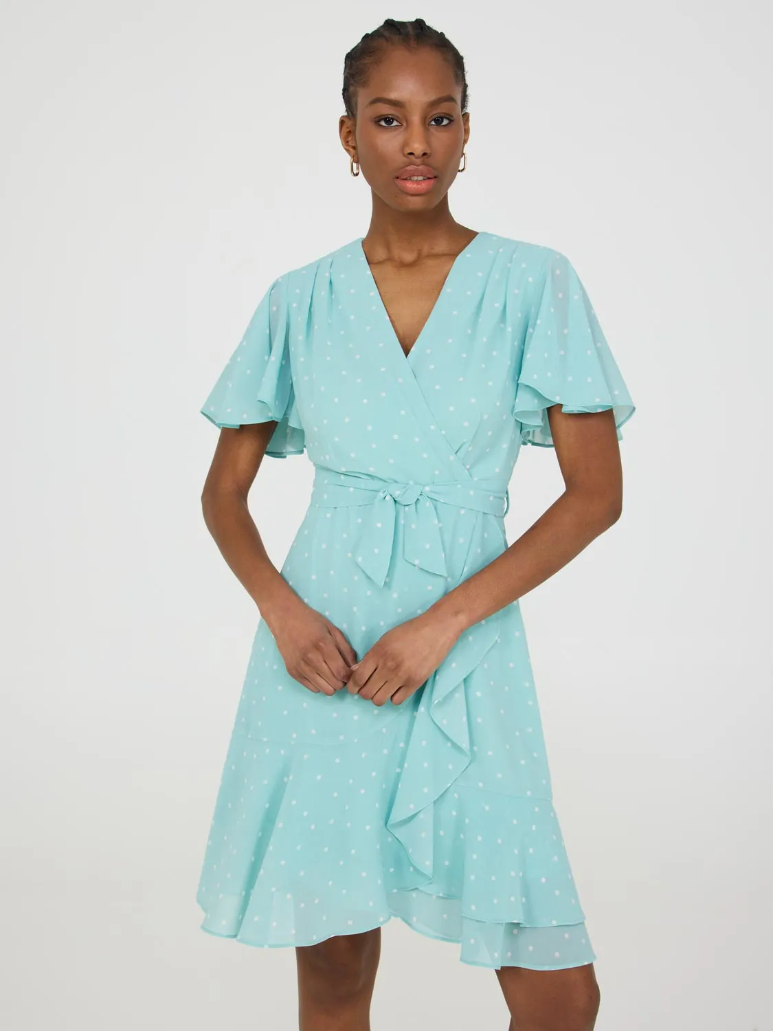 Dot Print Flutter Sleeve Wrap Dress Pop Glow