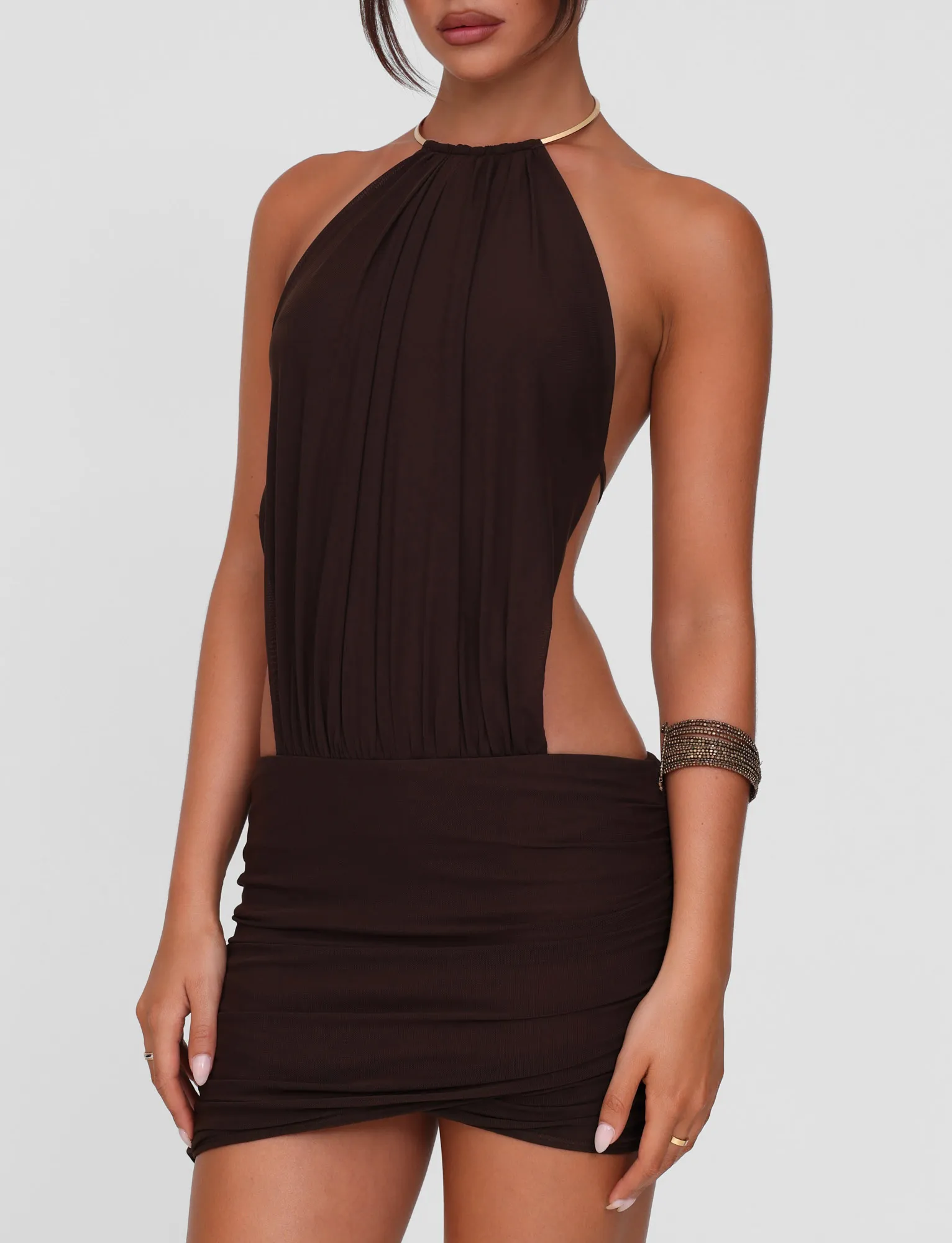 Stylish mini for brunch EVANNA MINI DRESS - BROWN : CHOCOLATE