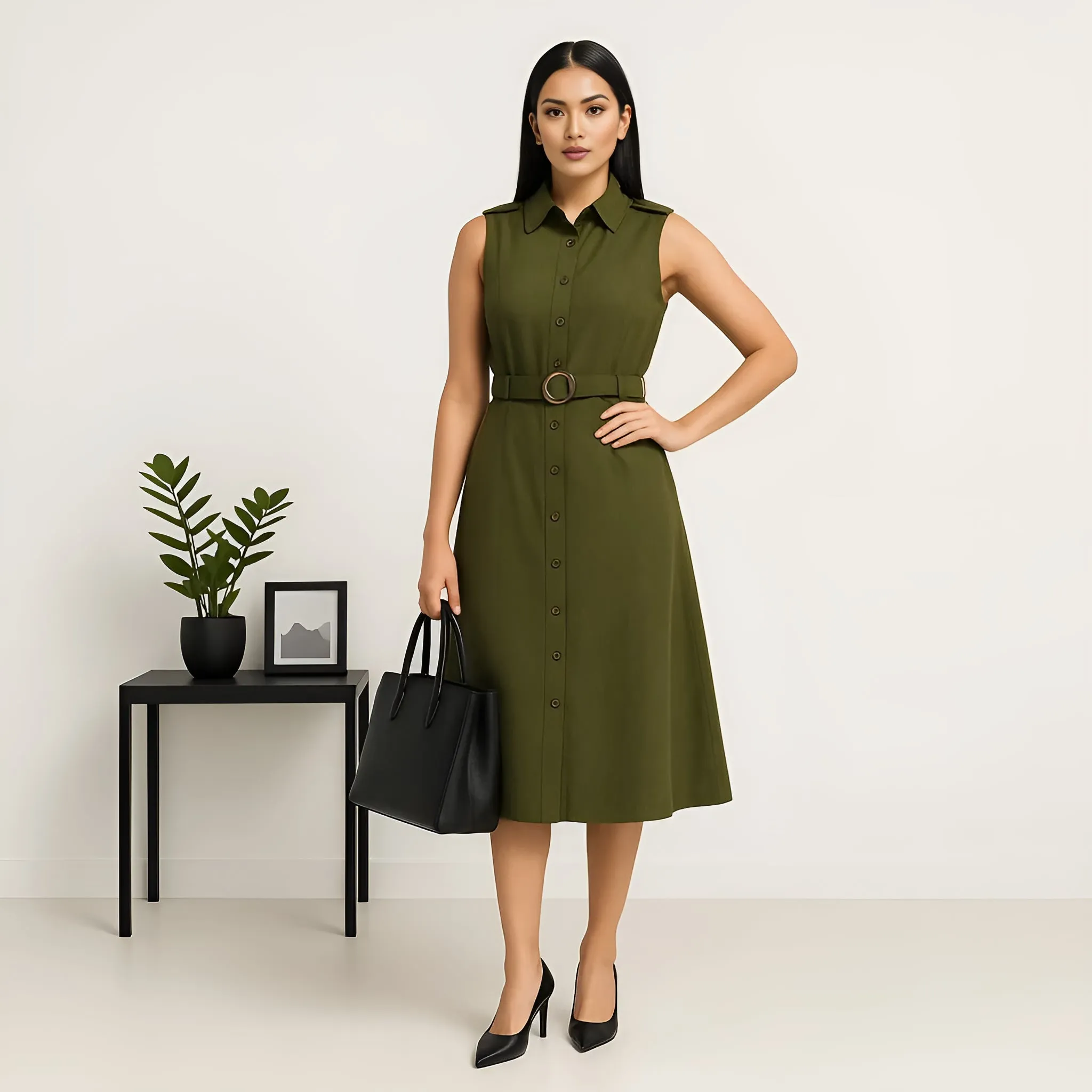 Cotton Sleeveless Shirt Dress MultiPocket Design