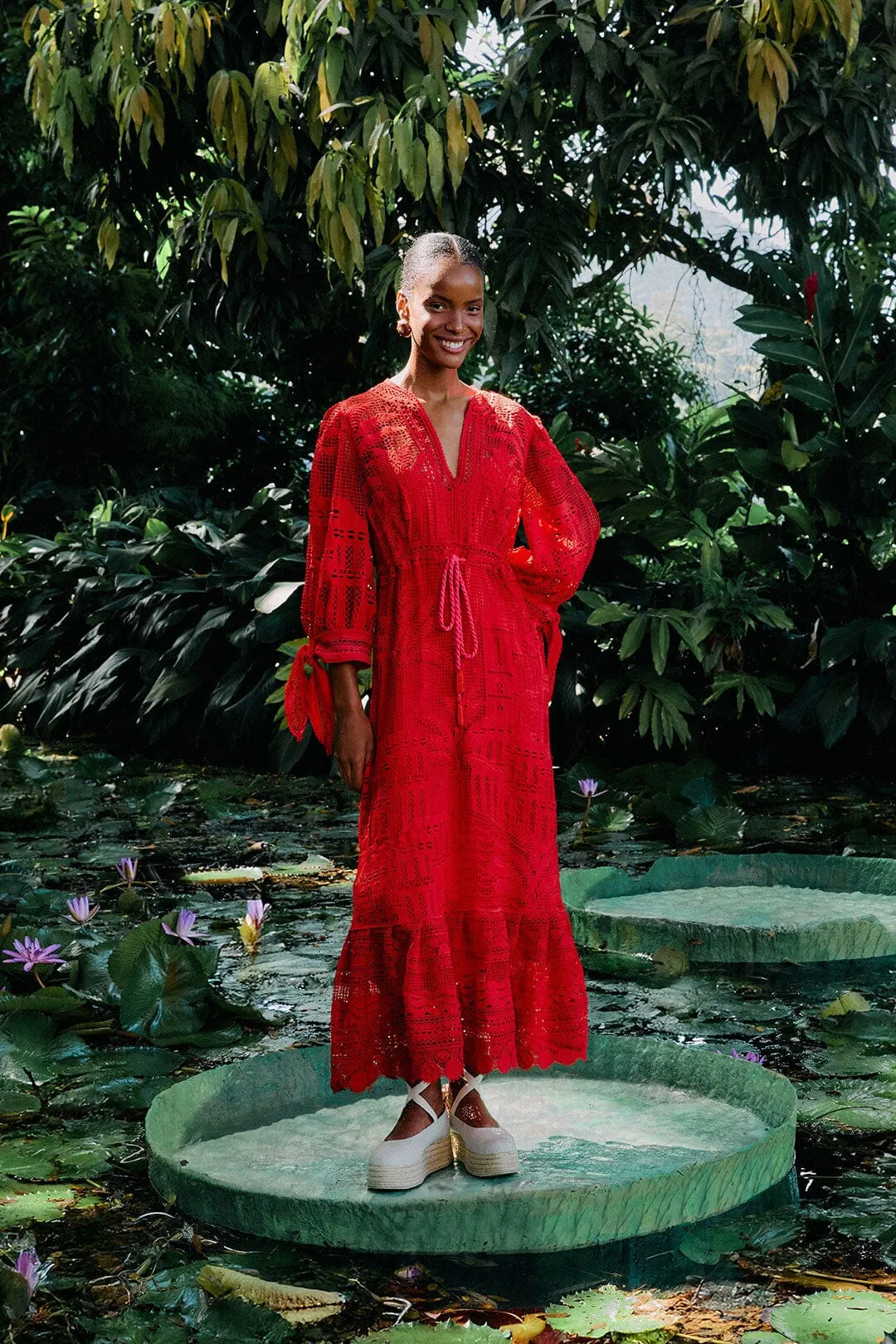 Feather Soft Elegant high-waist gown Red Morada Boa Guipure Maxi Dress