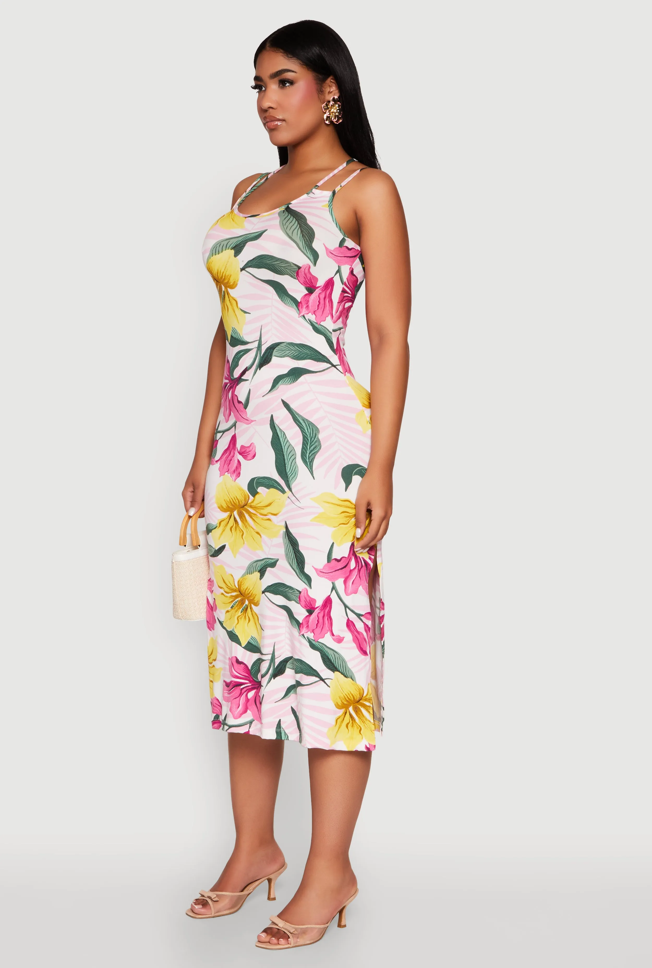 Feather Glow Tropical Floral Print Double Strap Cami Dress