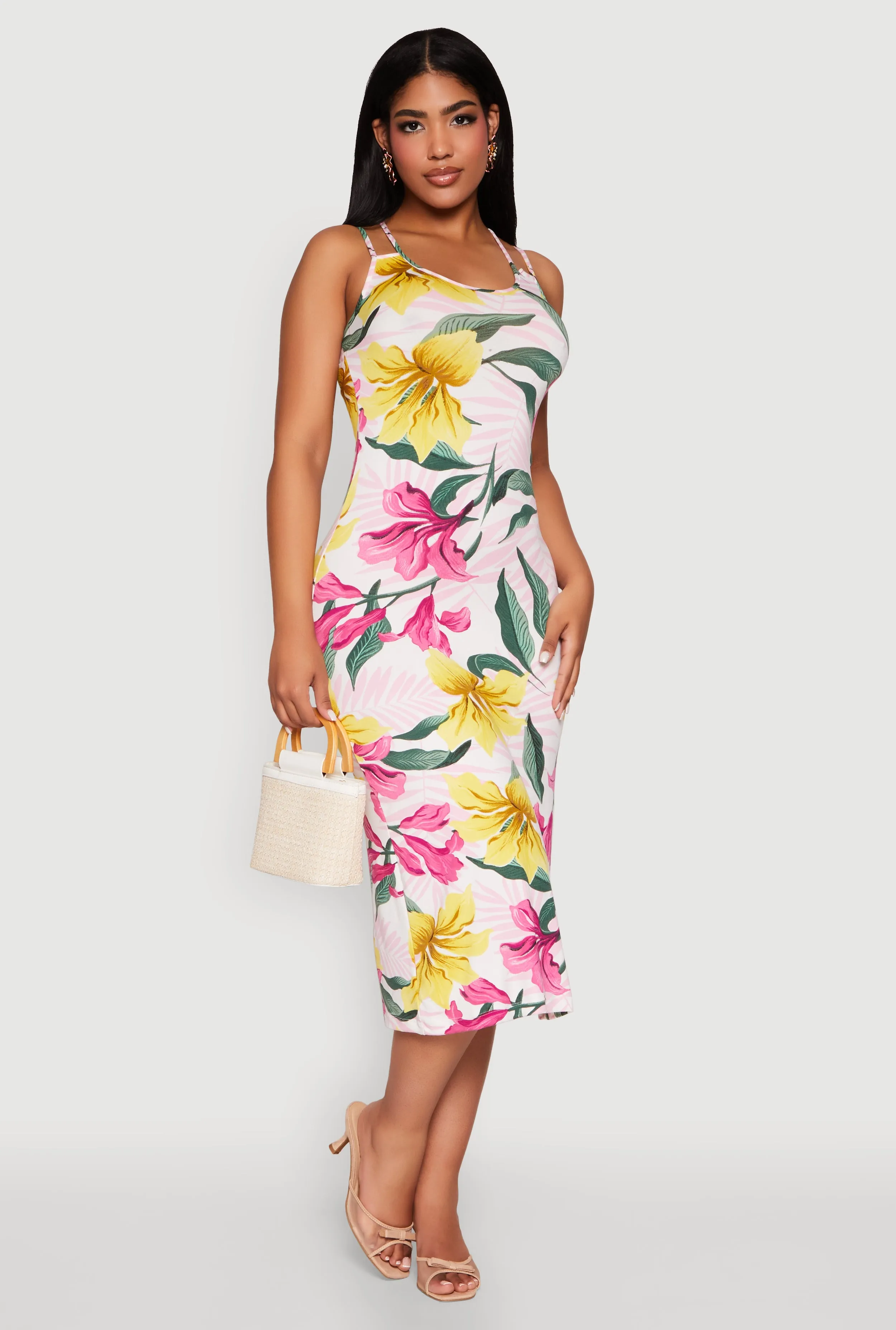 Tropical Floral Print Double Strap Cami Dress Twill Smooth Sun Bay