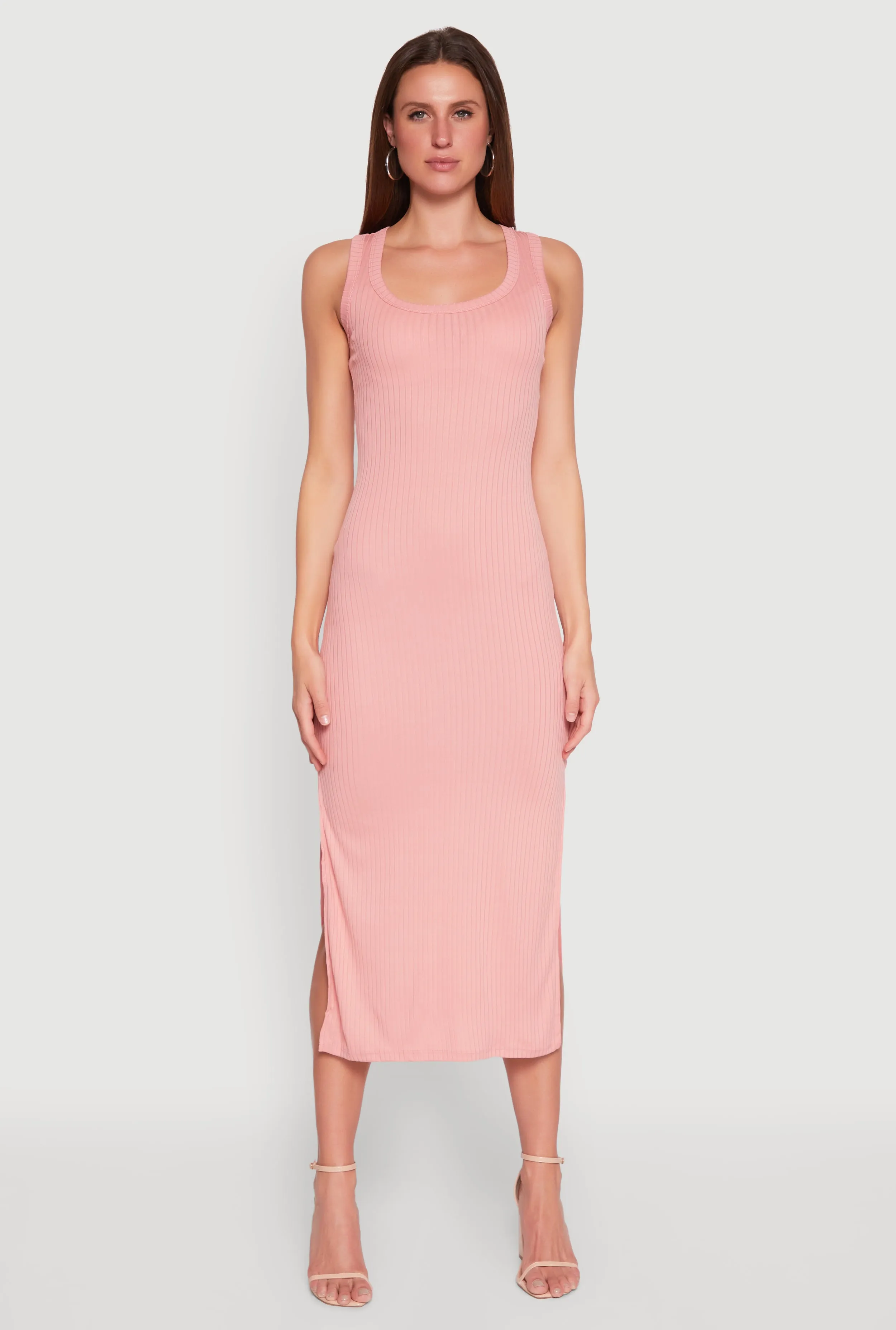 Soft Pink Ribbed Knit Scoop Neck Maxi Tank Dress