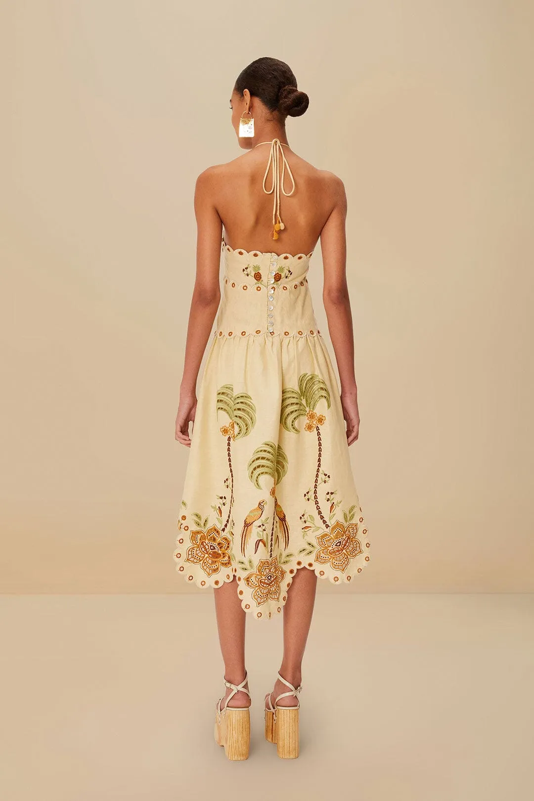 Sand Delicate Forest Richelieu Embroidered Euroflax? Premium Linen Midi Dress Quick Ready
