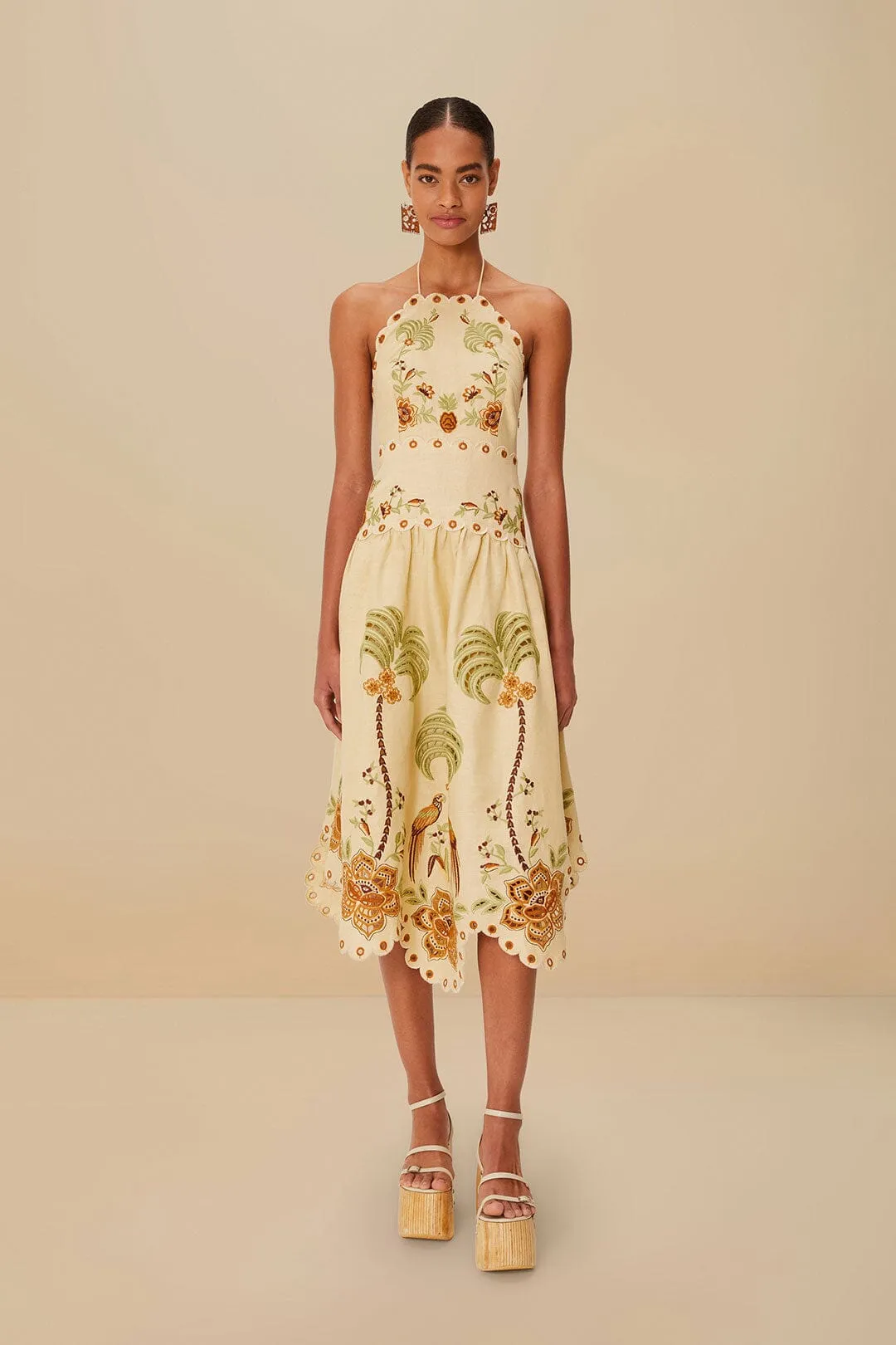 Sand Delicate Forest Richelieu Embroidered Euroflax? Premium Linen Midi Dress Effortless Style Smart Design