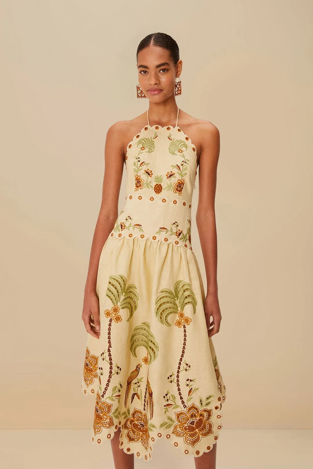 Sand Delicate Forest Richelieu Embroidered Euroflax? Premium Linen Midi Dress Modern Edge