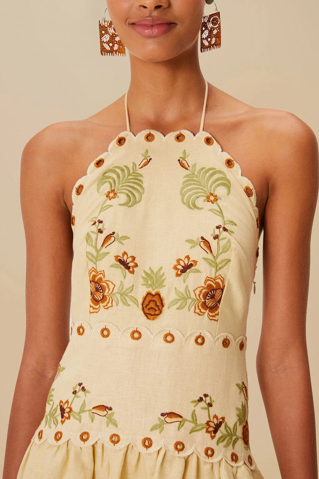 Wearable Art Sand Delicate Forest Richelieu Embroidered Euroflax? Premium Linen Midi Dress