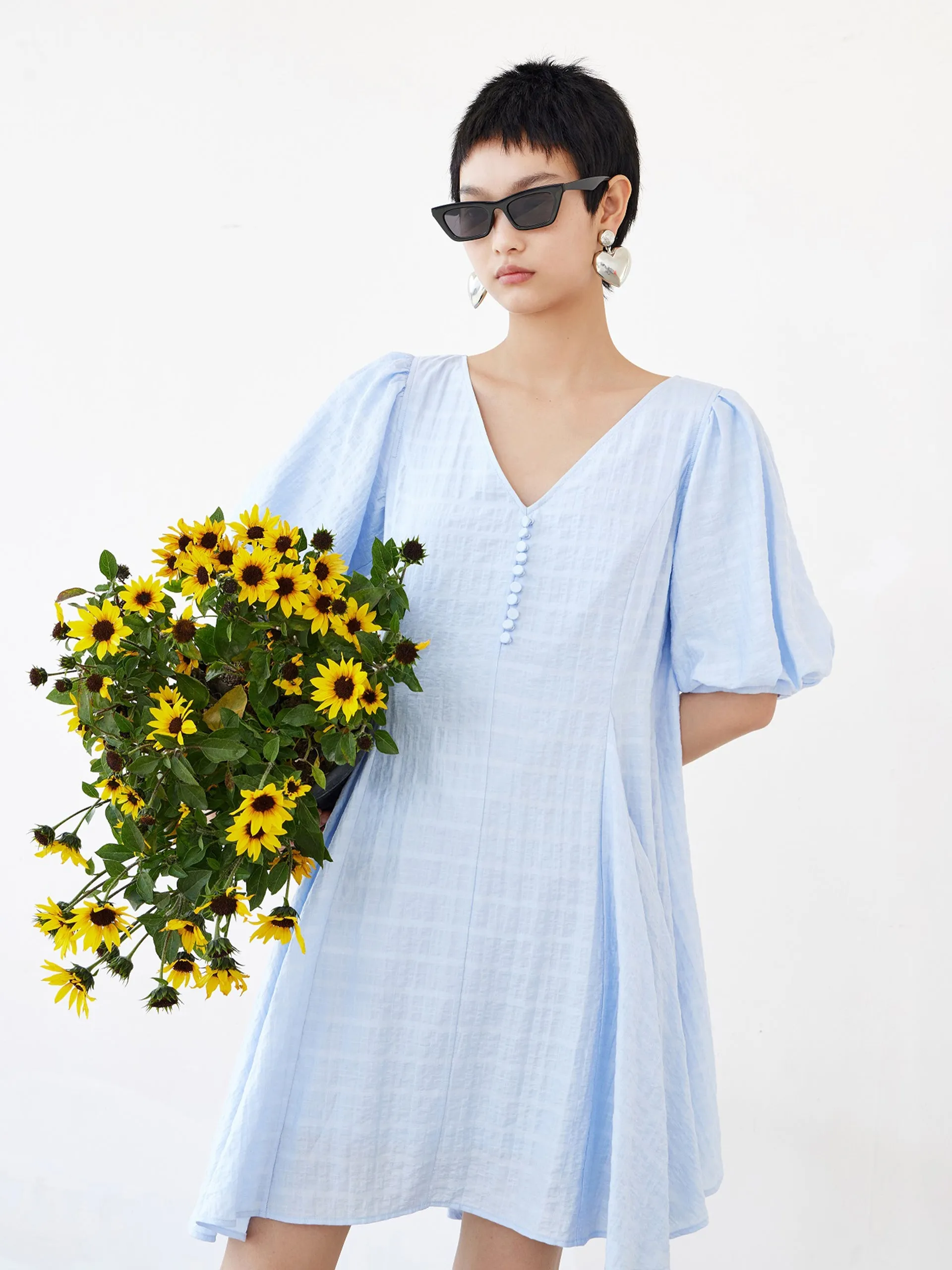 Style Versatile Versatile midi for travel Puff Sleeved V-Neck A-Lined Dress