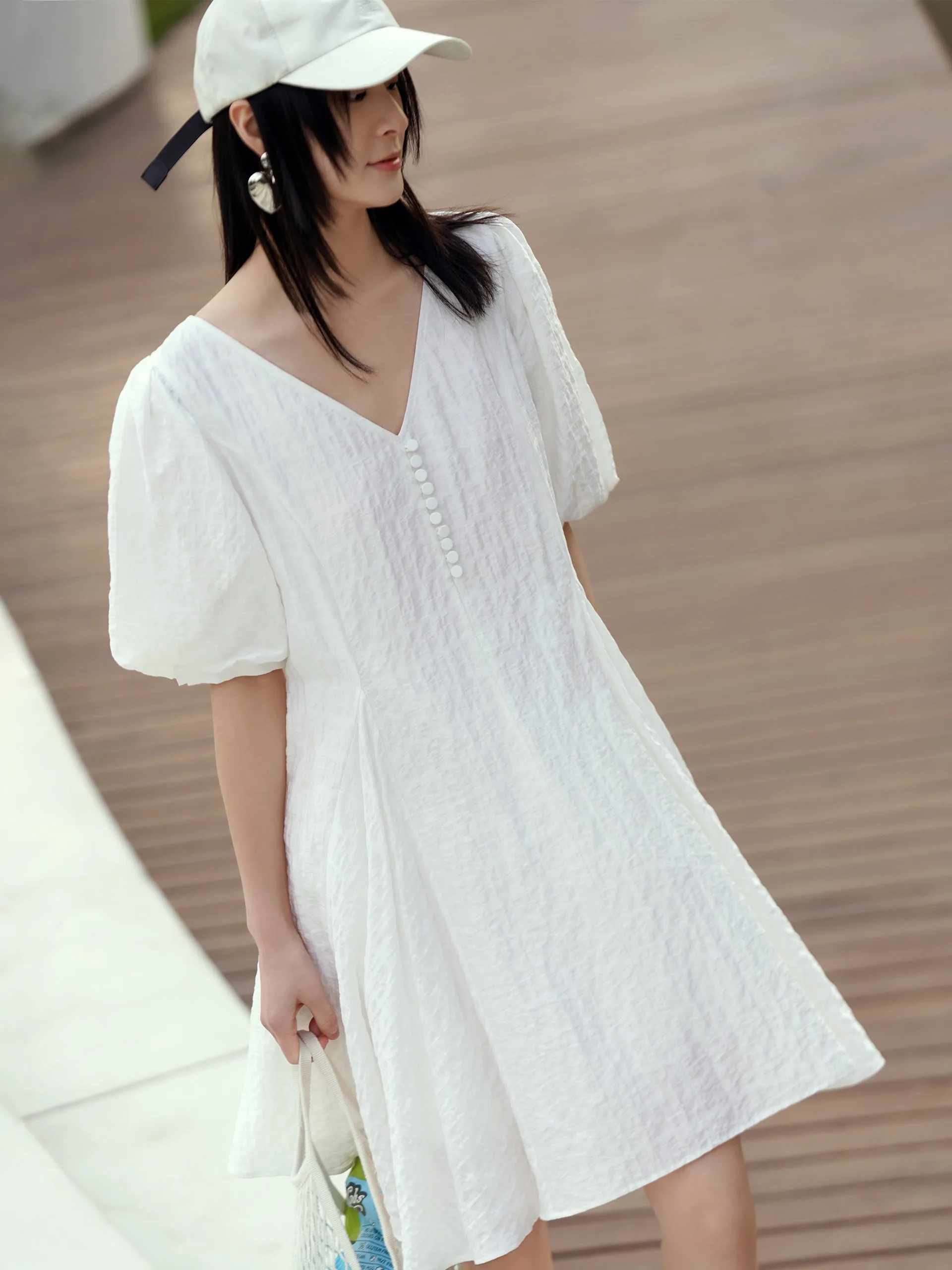 Puff Sleeved V-Neck A-Lined Dress Trendy versatile dress