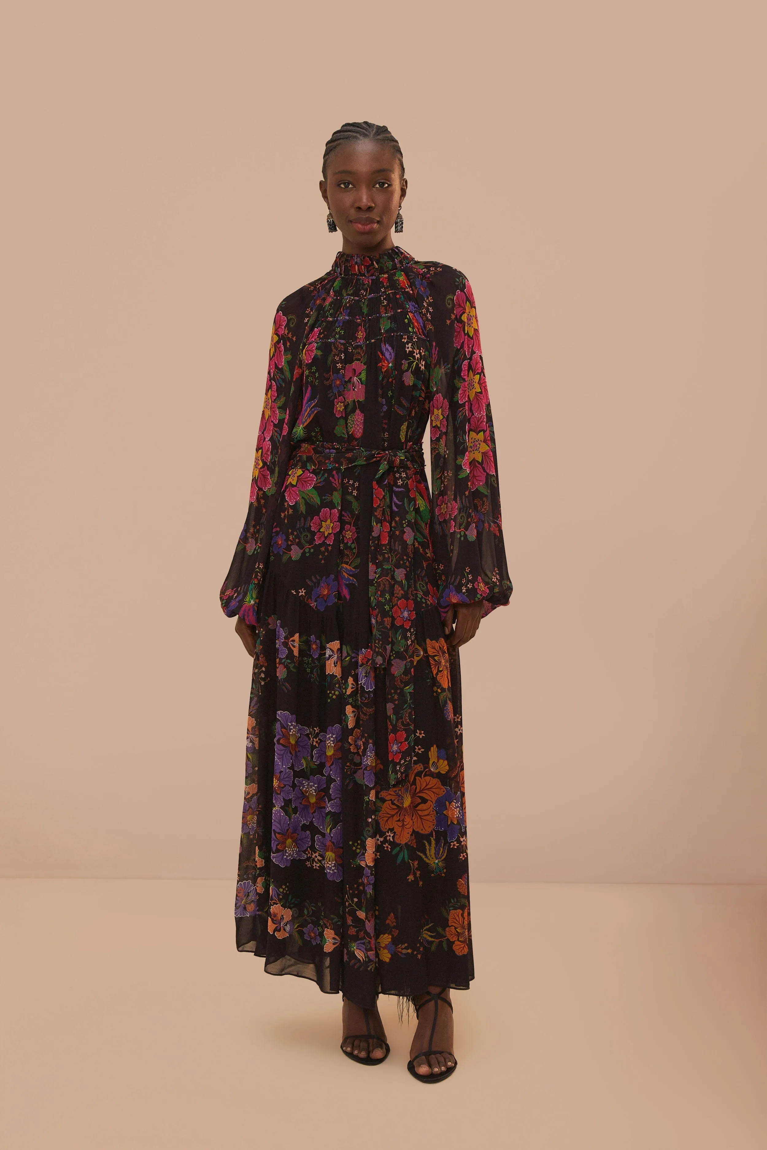 Black Floral Scarves High Neck Maxi Dress Wide Arm