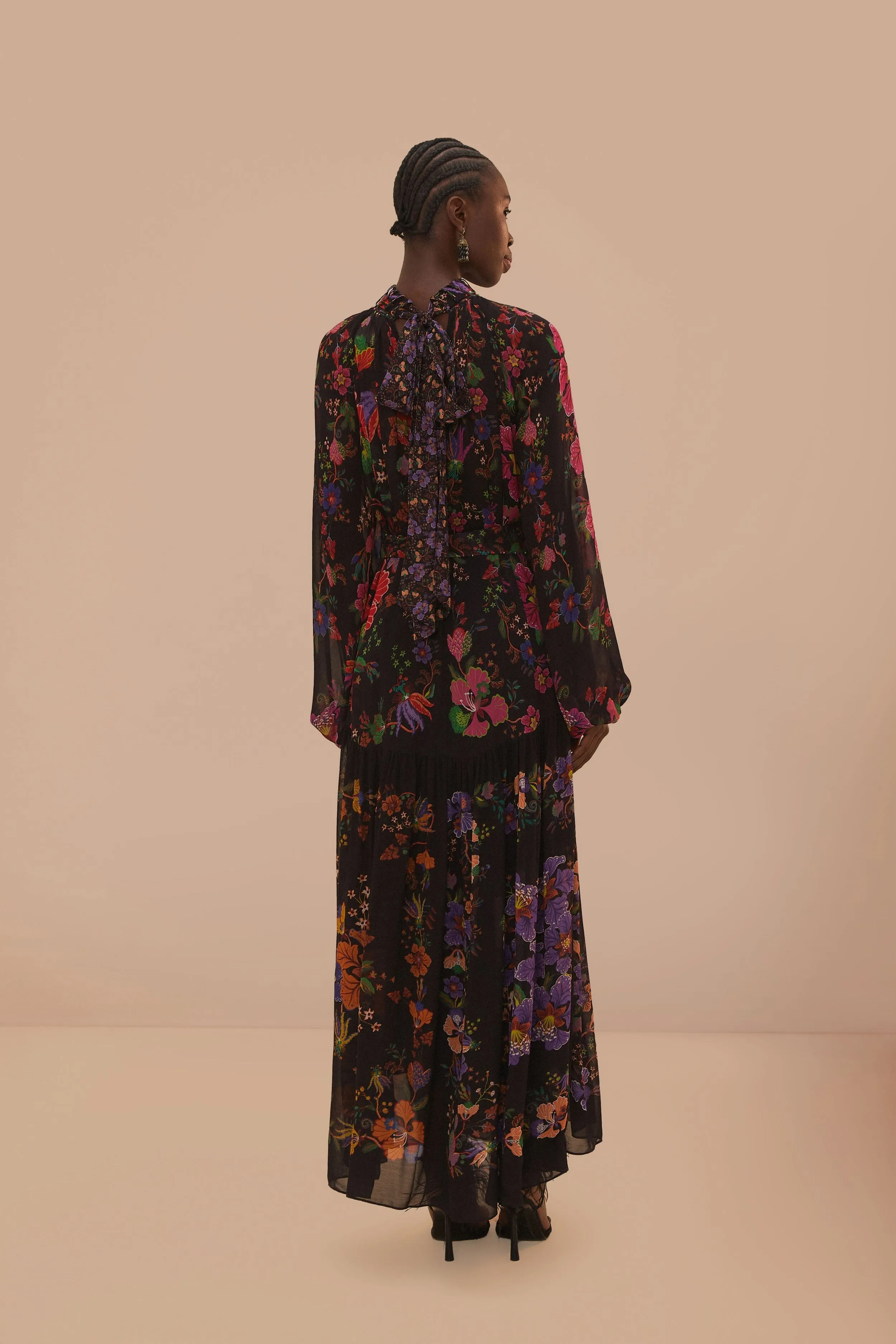 relaxed elegance Black Floral Scarves High Neck Maxi Dress