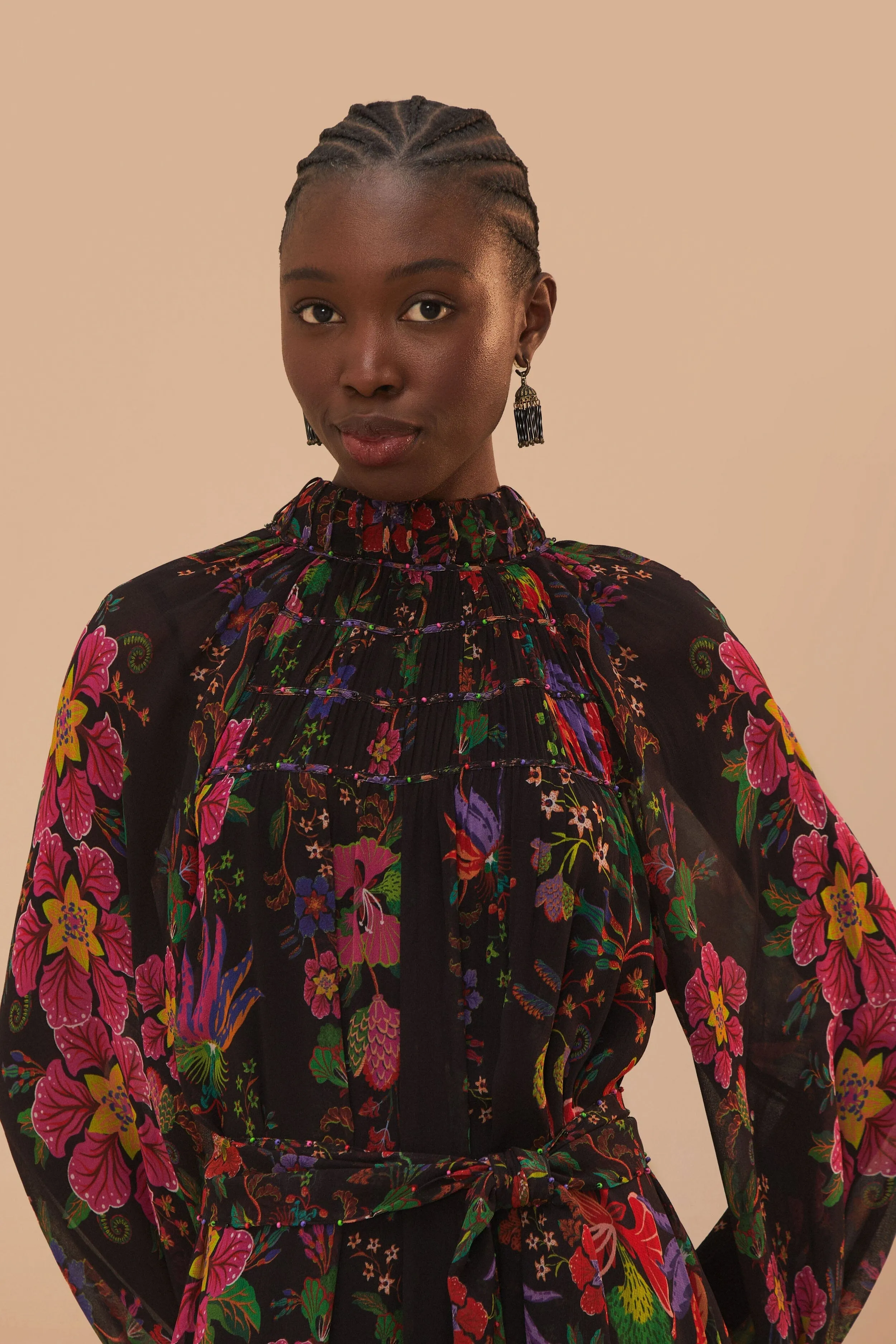 Crepe Glow Black Floral Scarves High Neck Maxi Dress
