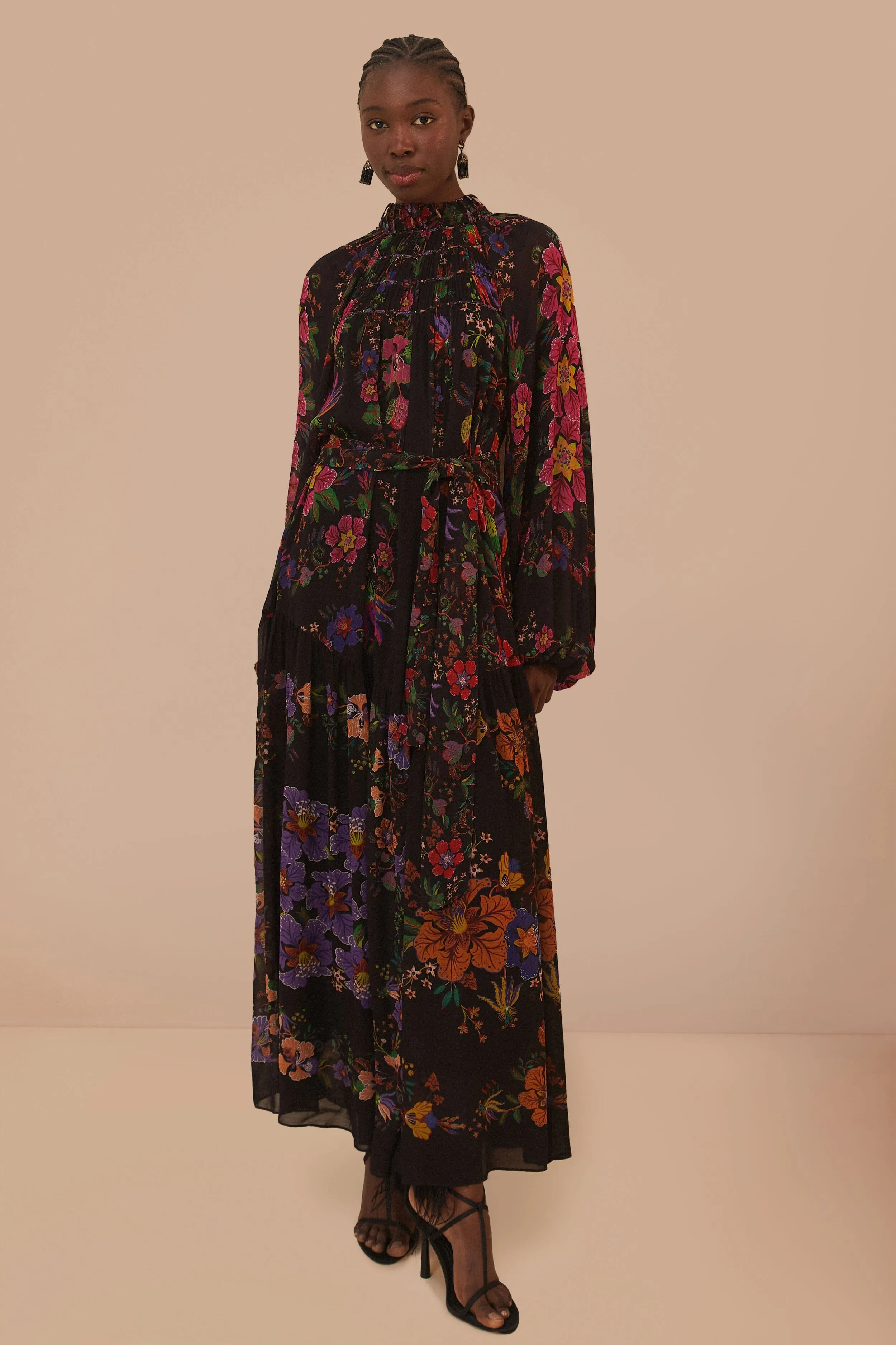 Silk Glow Black Floral Scarves High Neck Maxi Dress