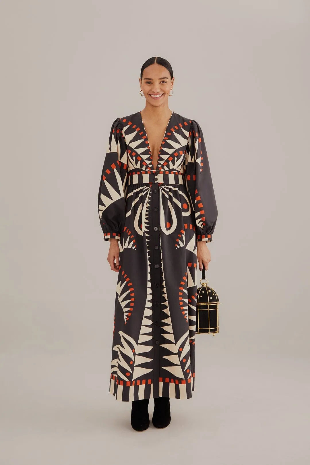Canvas Glow Fold Art Black Coconut Grove Puff Sleeve Maxi Dress