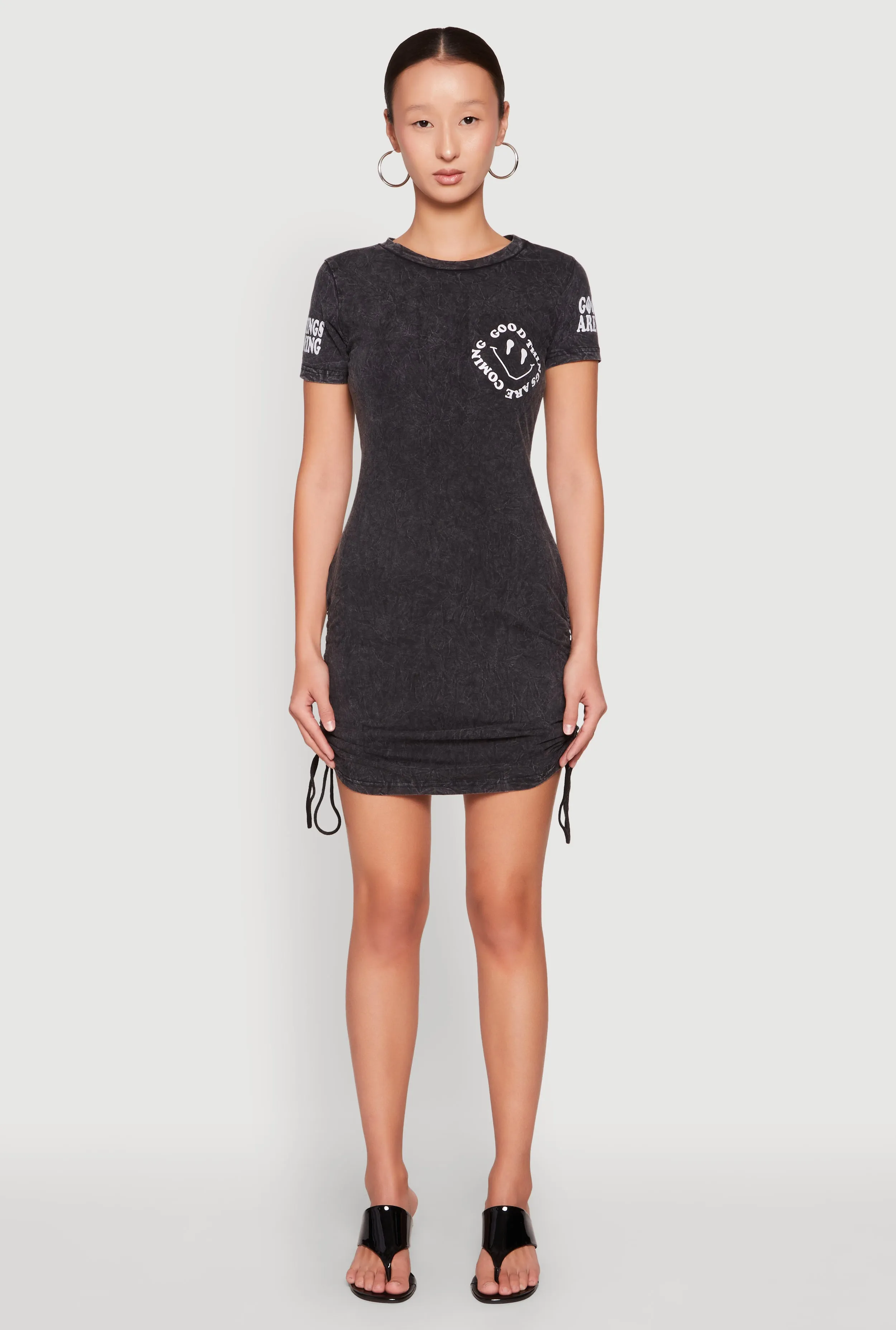 Mineral Wash Good Things Are Coming Dress Lightweight Weave Flirty off-the-shoulder mini