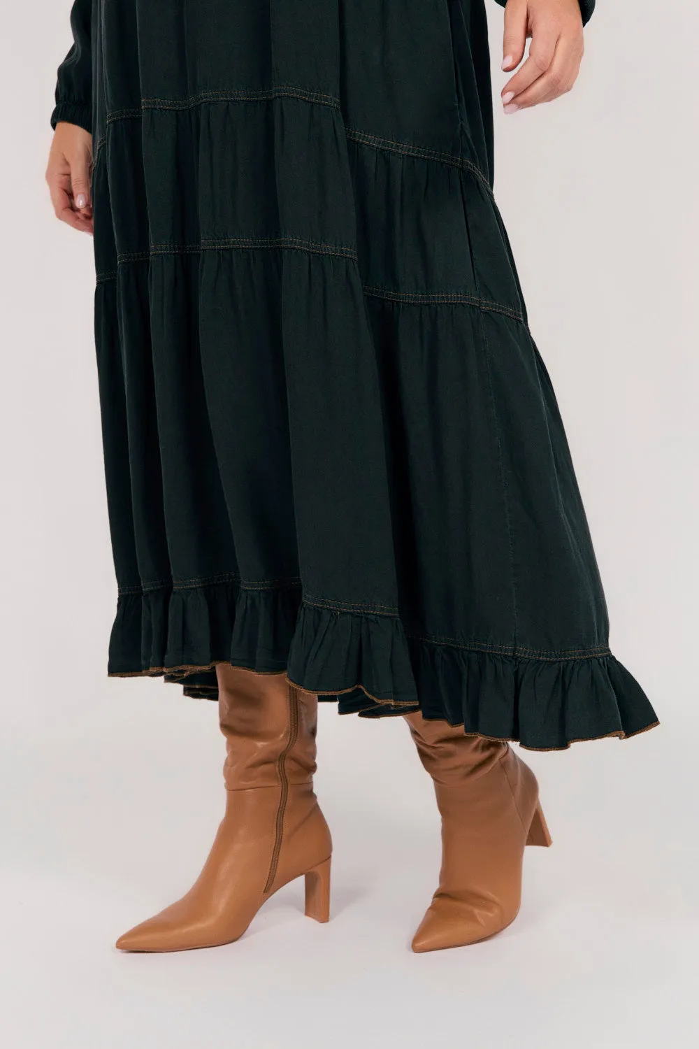 Harbor View Timeless and classic maxi Sabre Tencel Maxi Dress in Black
