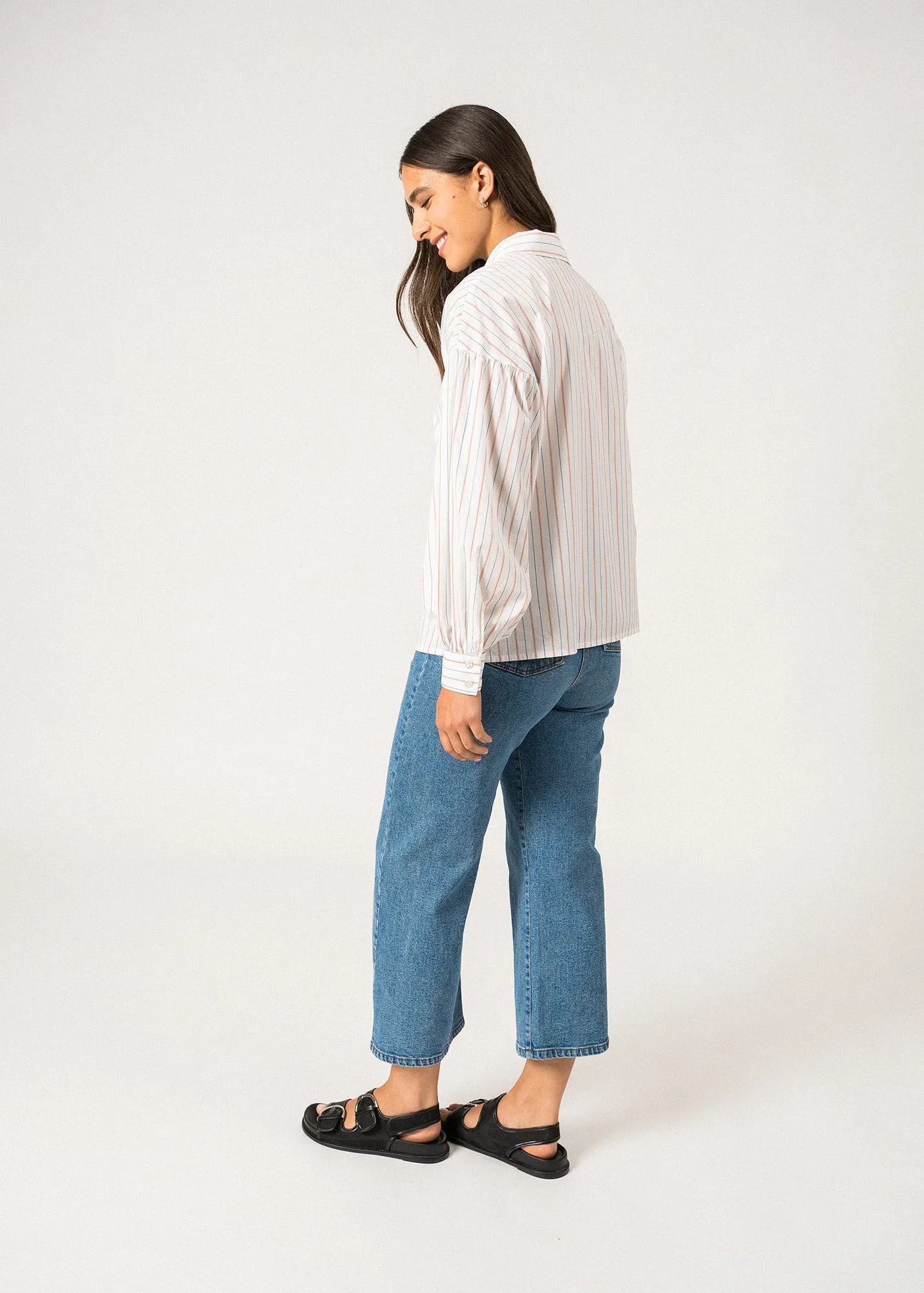 ADELE - Long-Sleeve Shirt ?C Cotton Elegance (WHITE / MER BLUE / ORANGE) Senior Ease