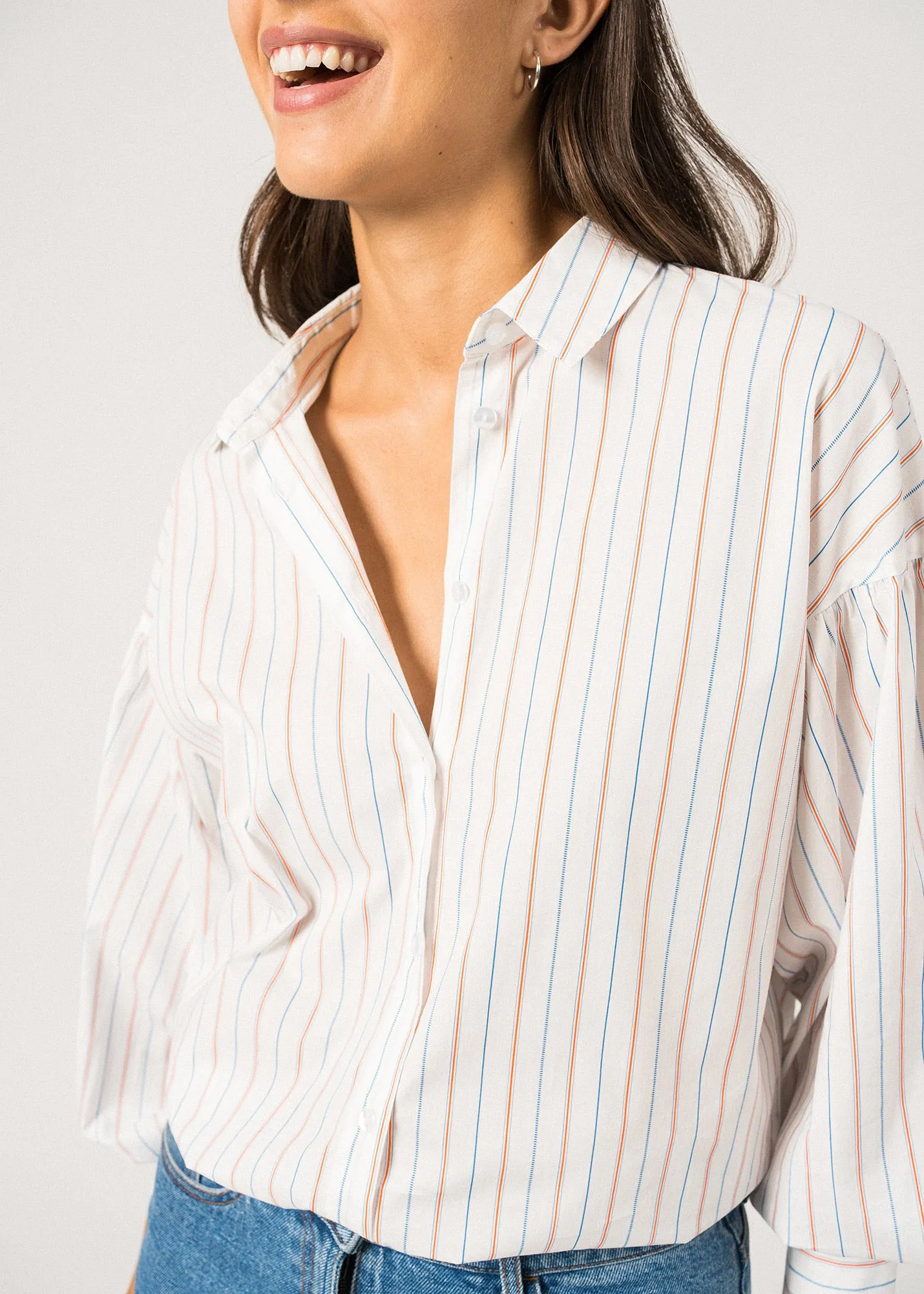 Thick Fiber PressureRelief Seams ADELE - Long-Sleeve Shirt ?C Cotton Elegance (WHITE / MER BLUE / ORANGE)