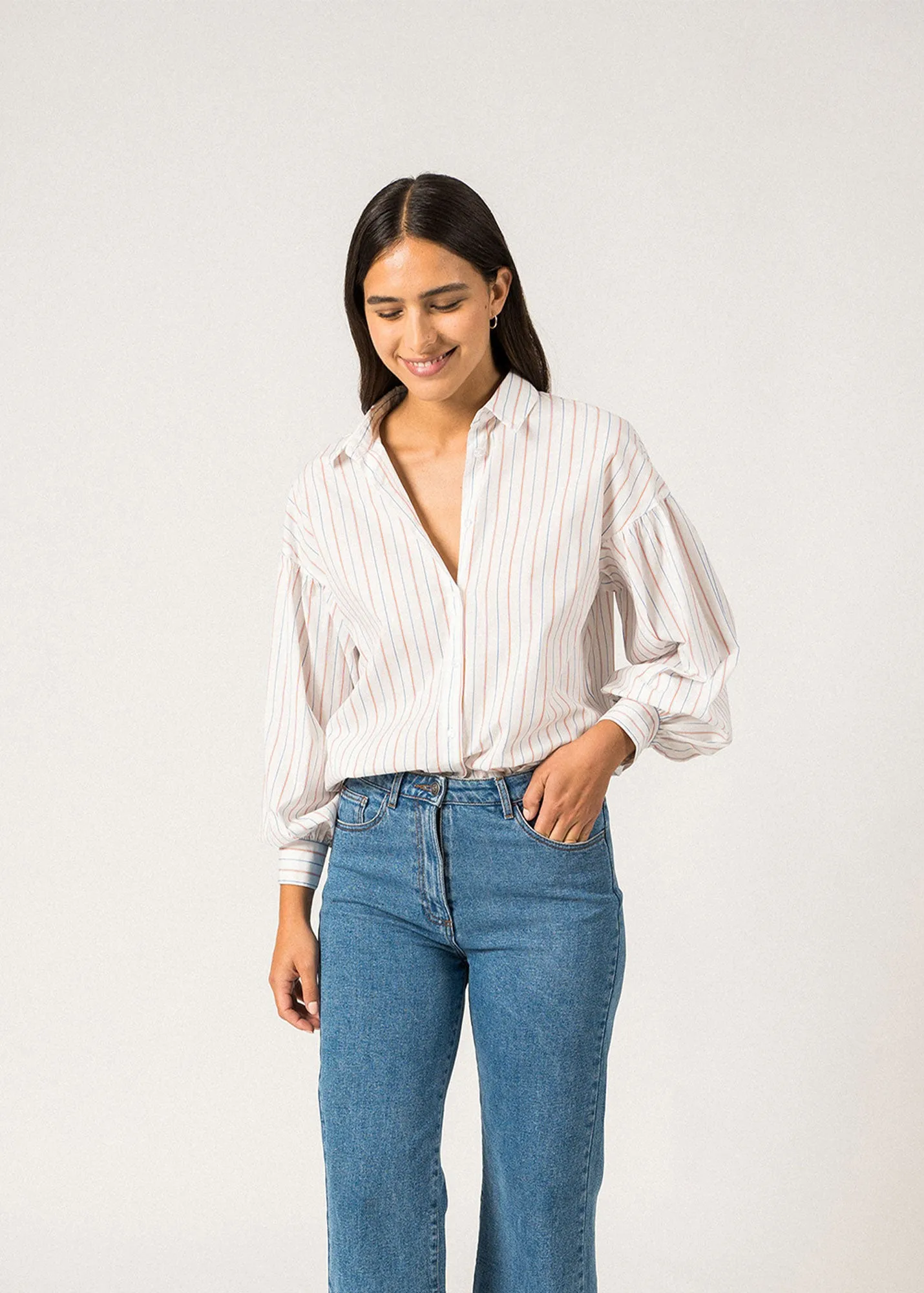 Suede Mood ADELE - Long-Sleeve Shirt ?C Cotton Elegance (WHITE / MER BLUE / ORANGE)