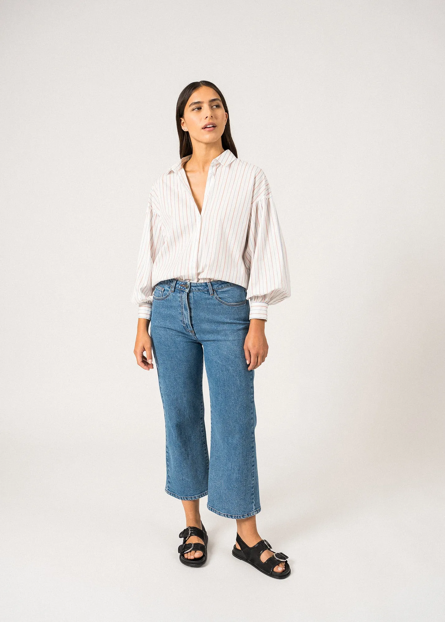 ADELE - Long-Sleeve Shirt ?C Cotton Elegance (WHITE / MER BLUE / ORANGE) Road Look