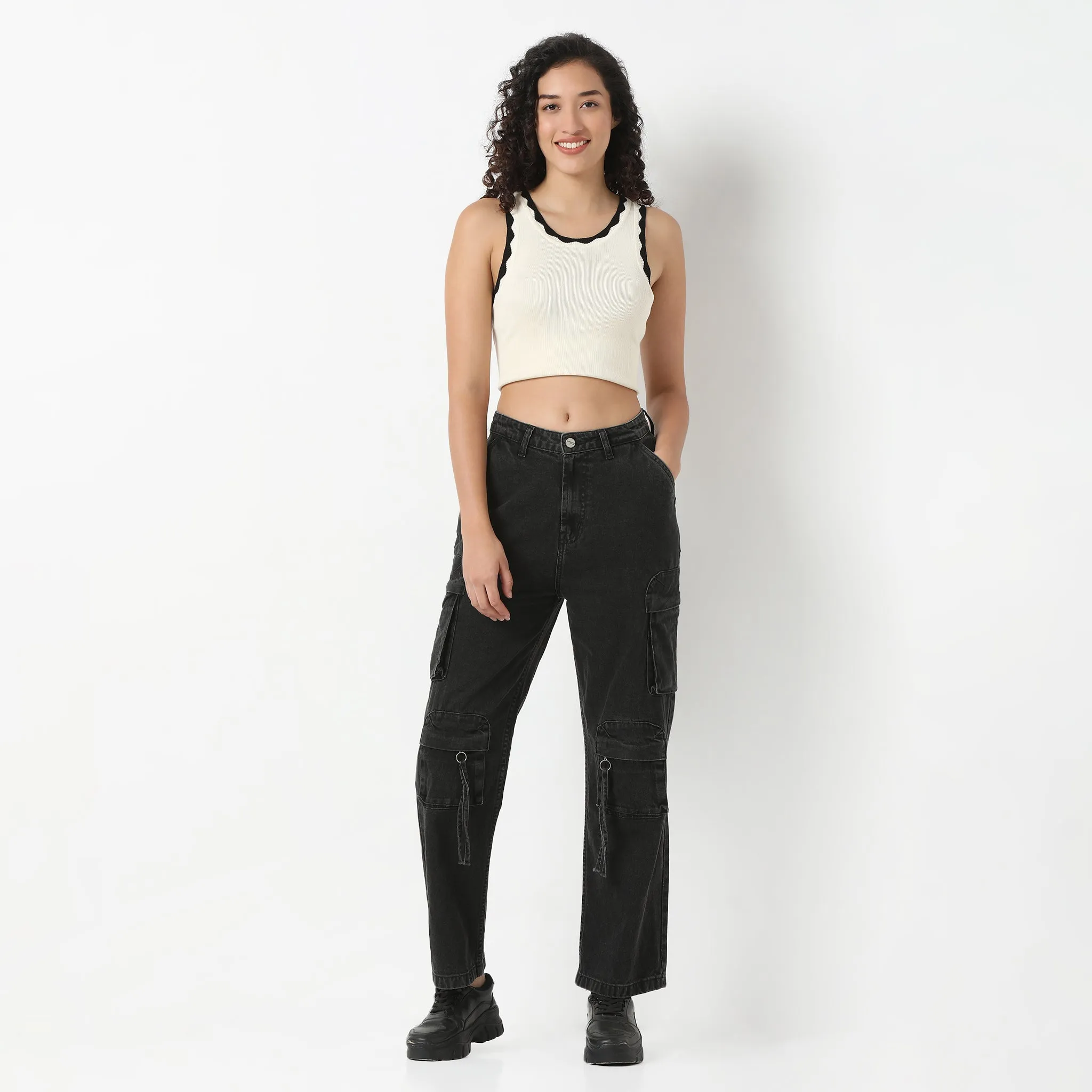 Highwaist 8 Pockets Straight Fit Cargos Travel Light Rush Mode