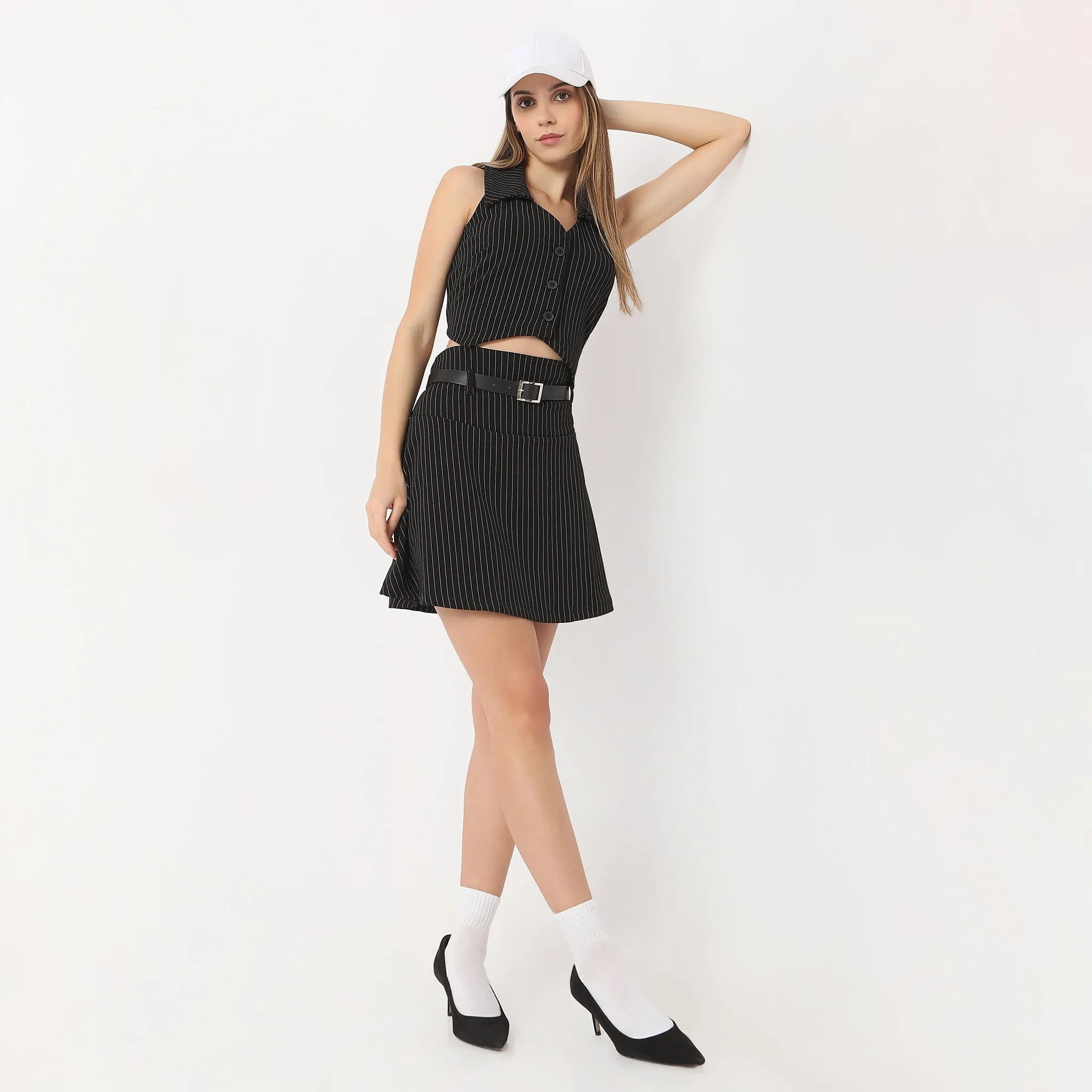 Mid Flare Striped Above Knee Length Betty High Rise Pleated Skirt SoftTouch