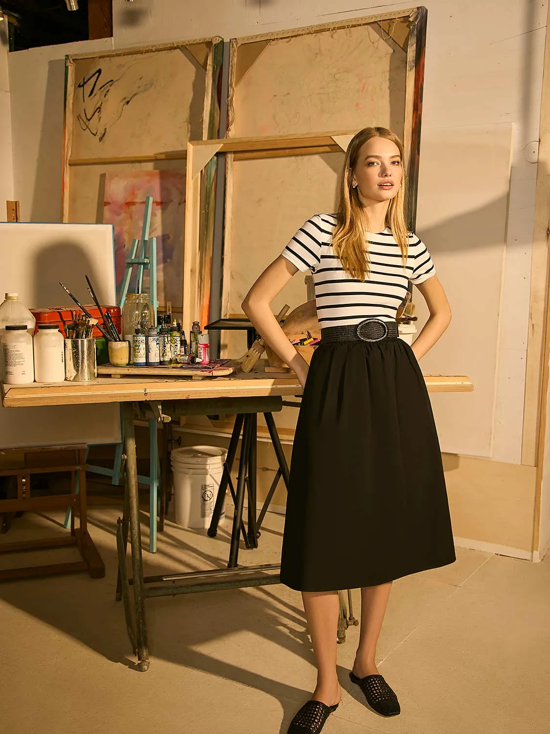 Simple Layer Modern Design Cotton Poplin Midi Skirt With Pockets