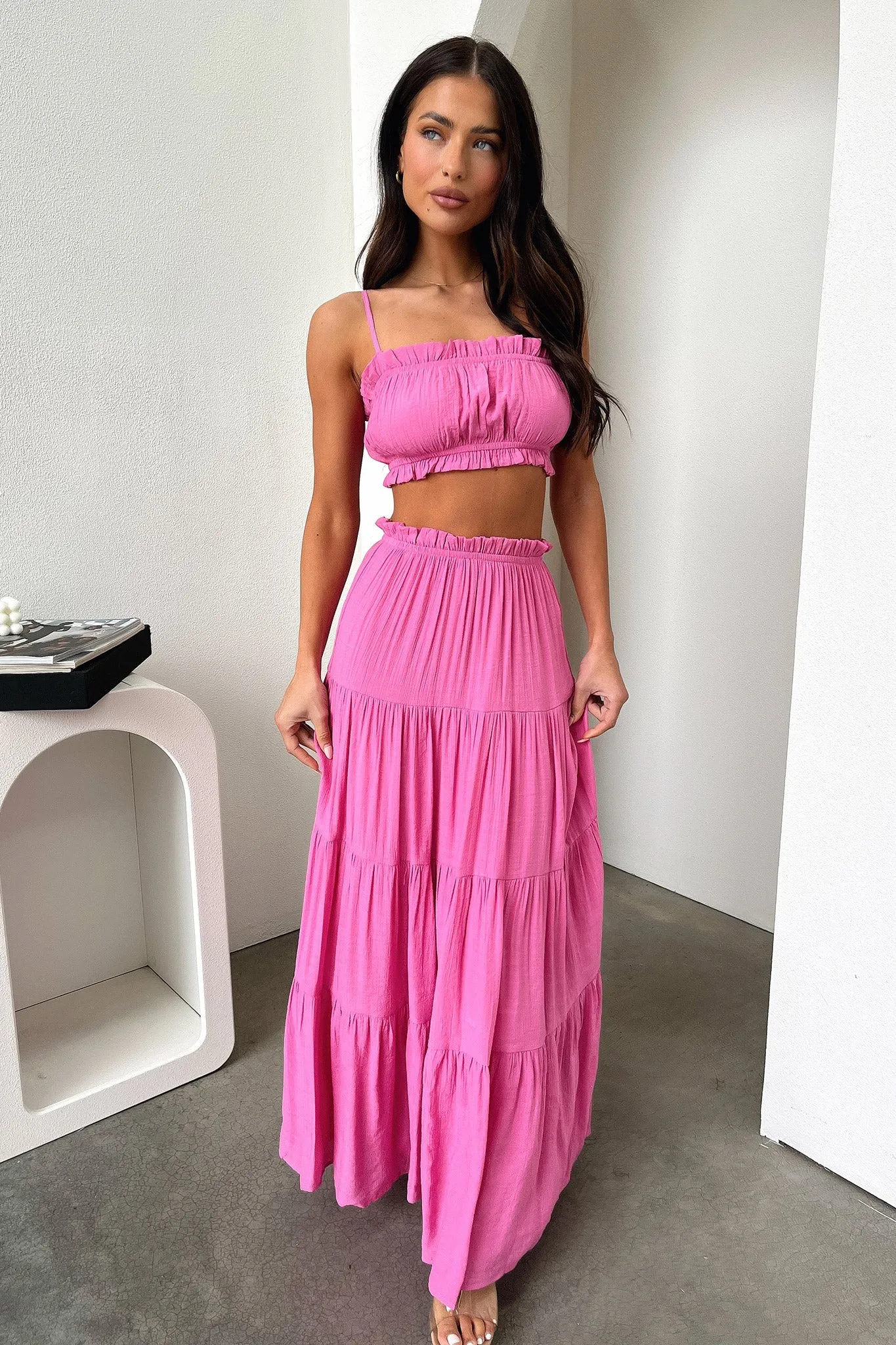 Selina Tiered Maxi Skirt - Pink Light Motion Subtle Details
