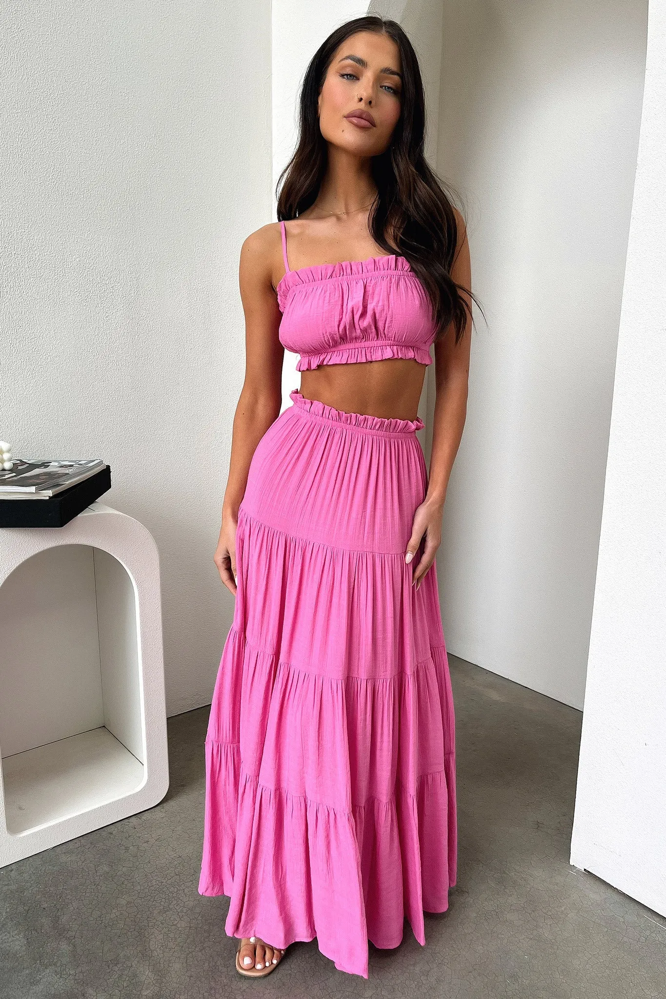 Subtle Shimmer Non see through Selina Tiered Maxi Skirt - Pink