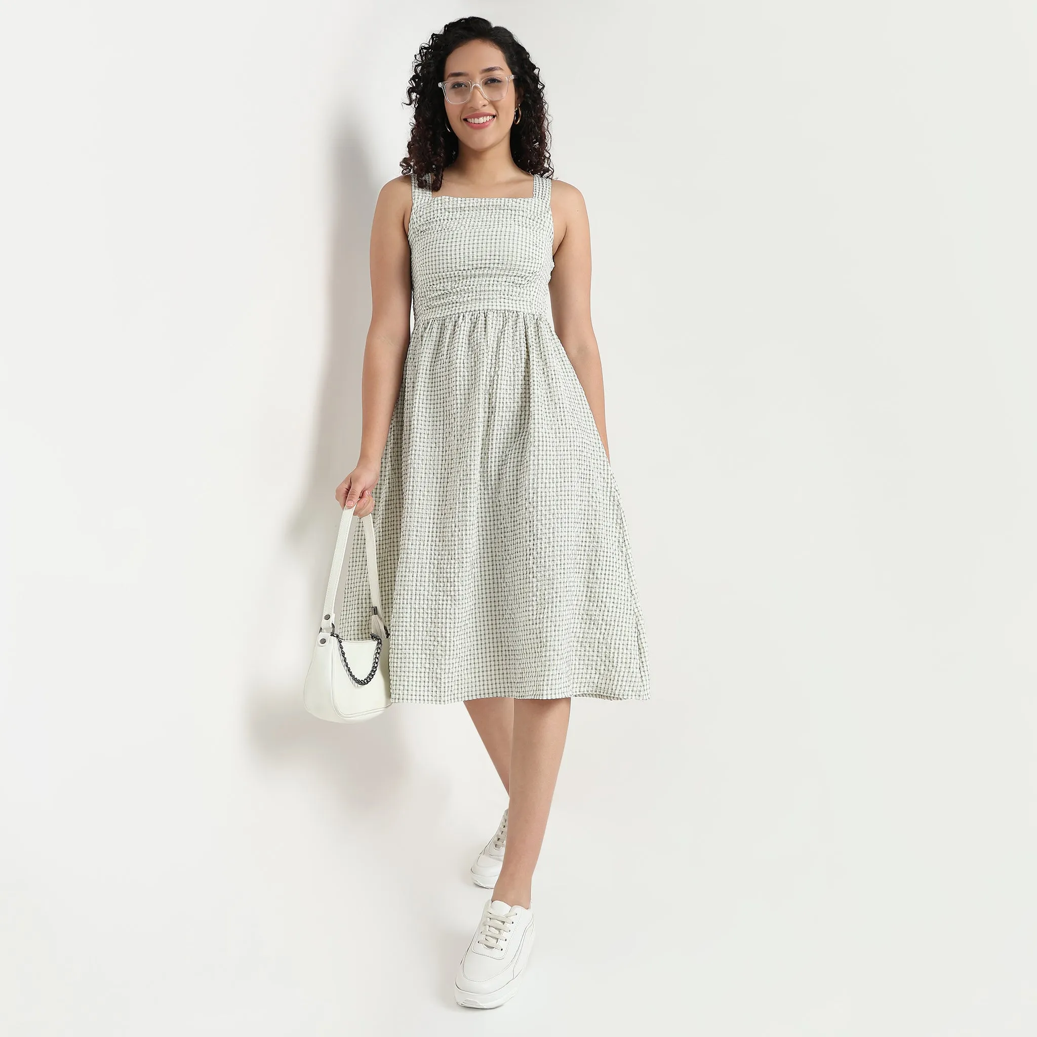 Checkered Flared Strappy Dress RollUp Sleeves