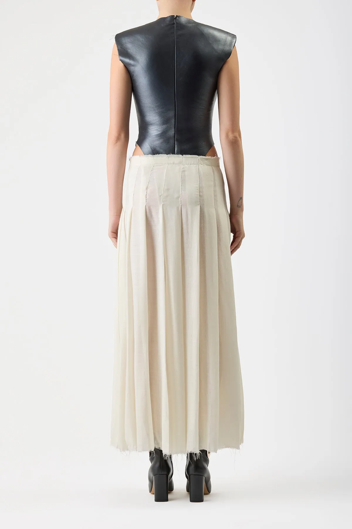 Antistatic ComfortWaistband Mina Pleated Maxi Dress in Black Metallic Nappa Leather & Ivory Virgin Wool Cashmere Gauze