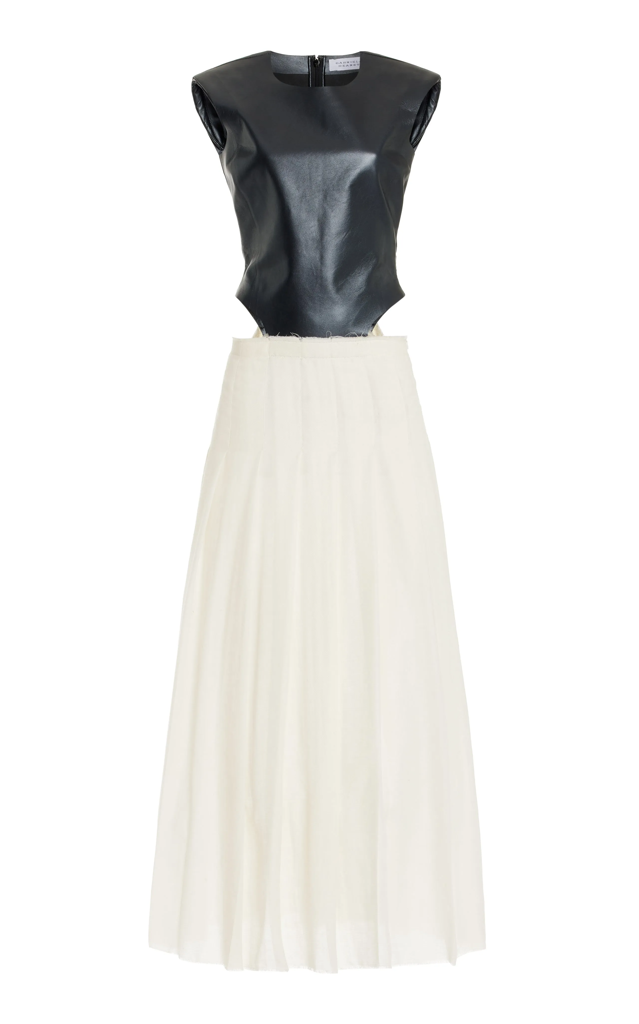 WeightlessLayeringPiece Mina Pleated Maxi Dress in Black Metallic Nappa Leather & Ivory Virgin Wool Cashmere Gauze