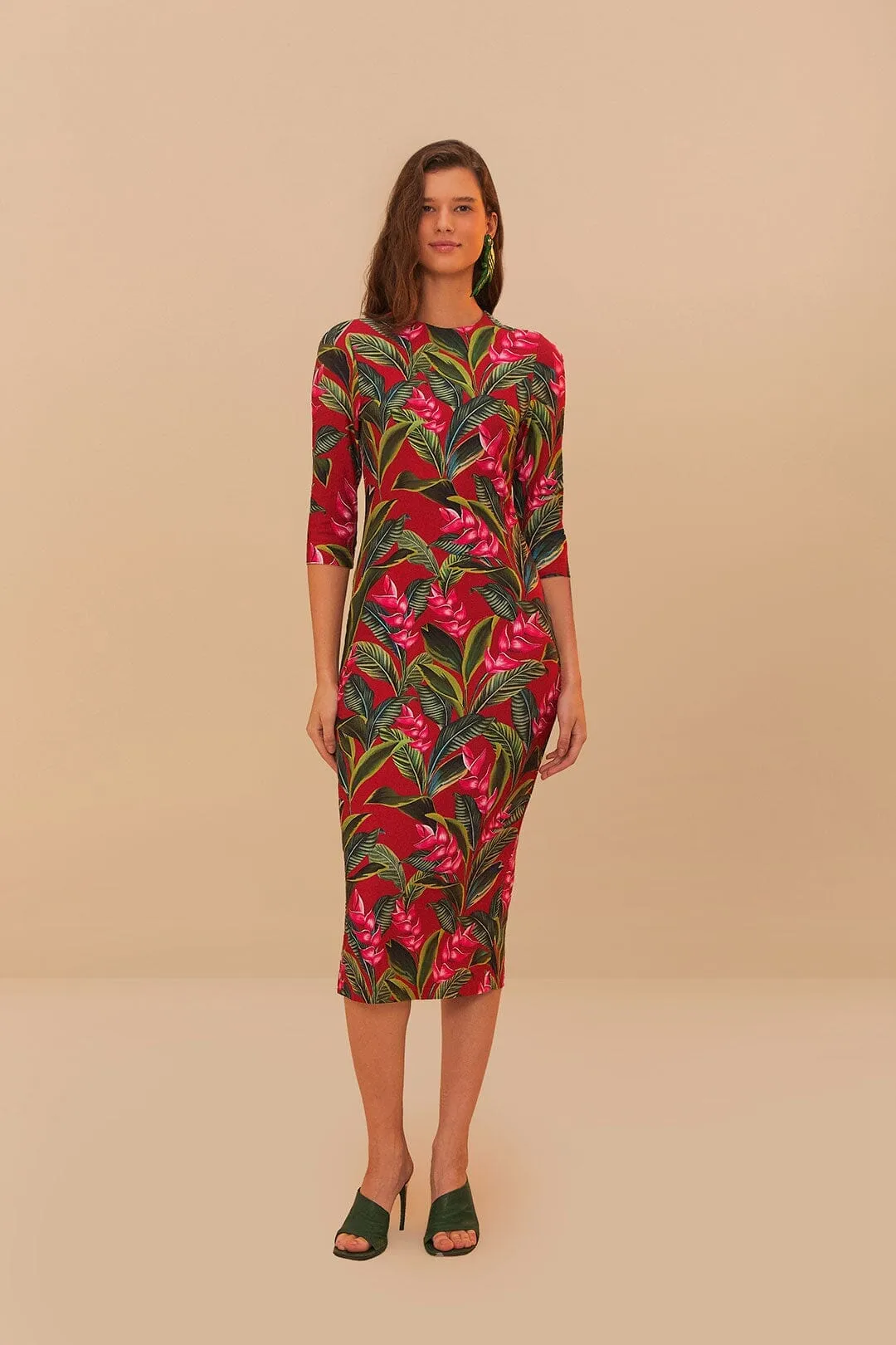 Red Dream Garden Jersey Midi Dress Clear Sky