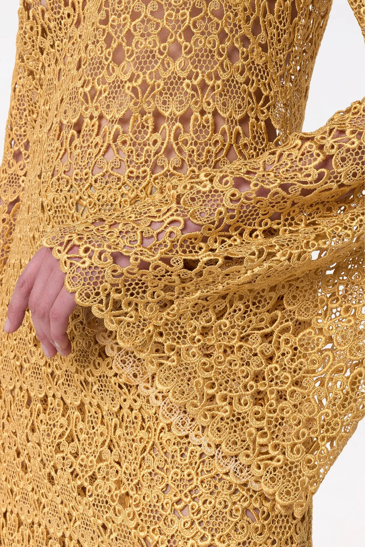 Archie Mini Dress with Lining in Gold Silk Macrame Lace Walk Mood