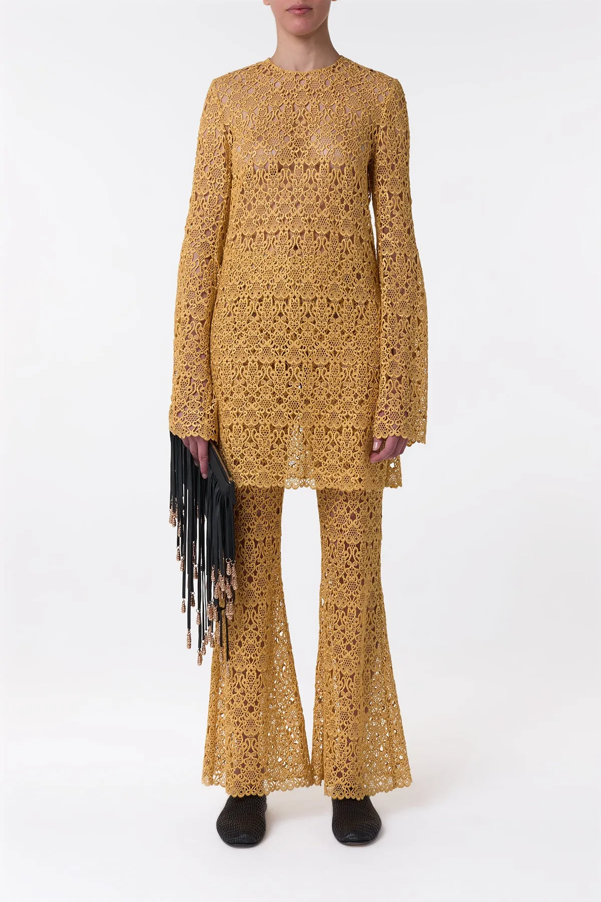 Reinforced Knees Archie Mini Dress with Lining in Gold Silk Macrame Lace