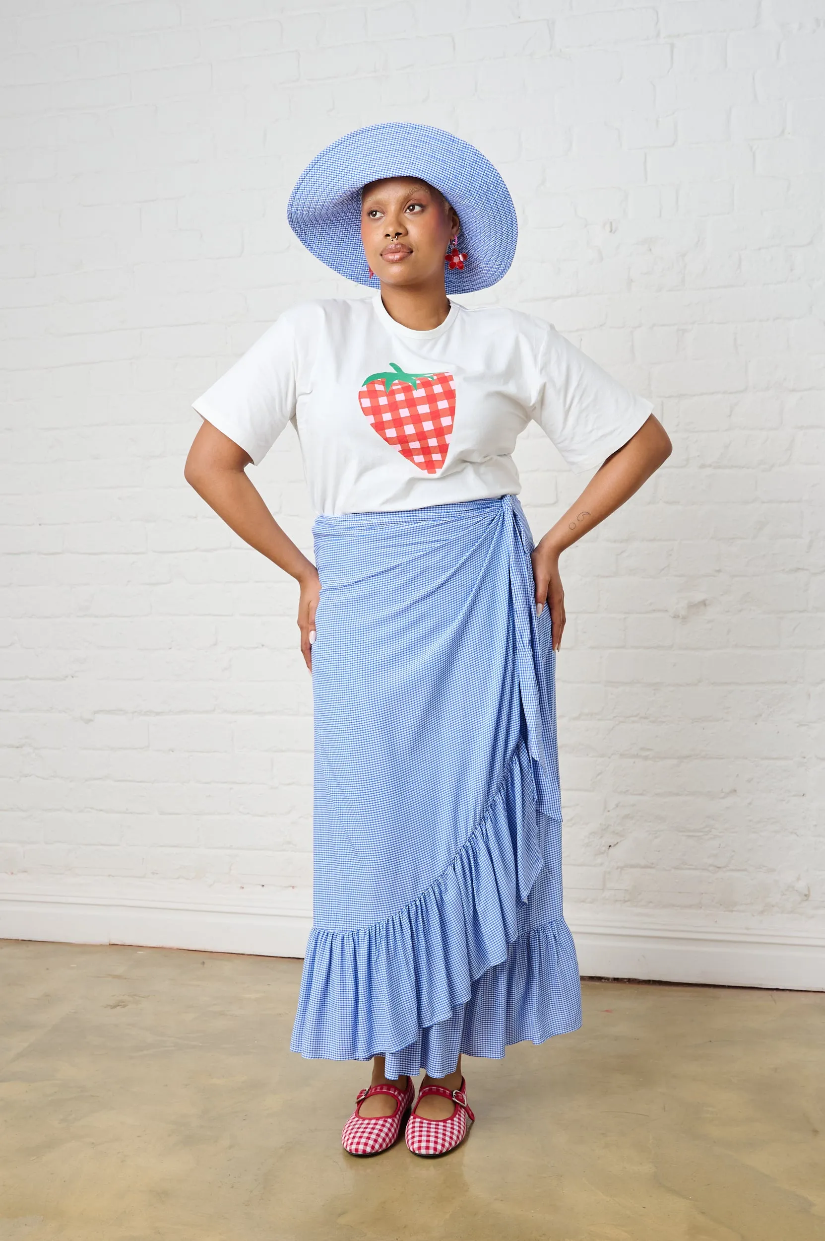 Ruffle Wrap Skirt in Mini Gingham Roll Up Hem Hypoallergenic fabric