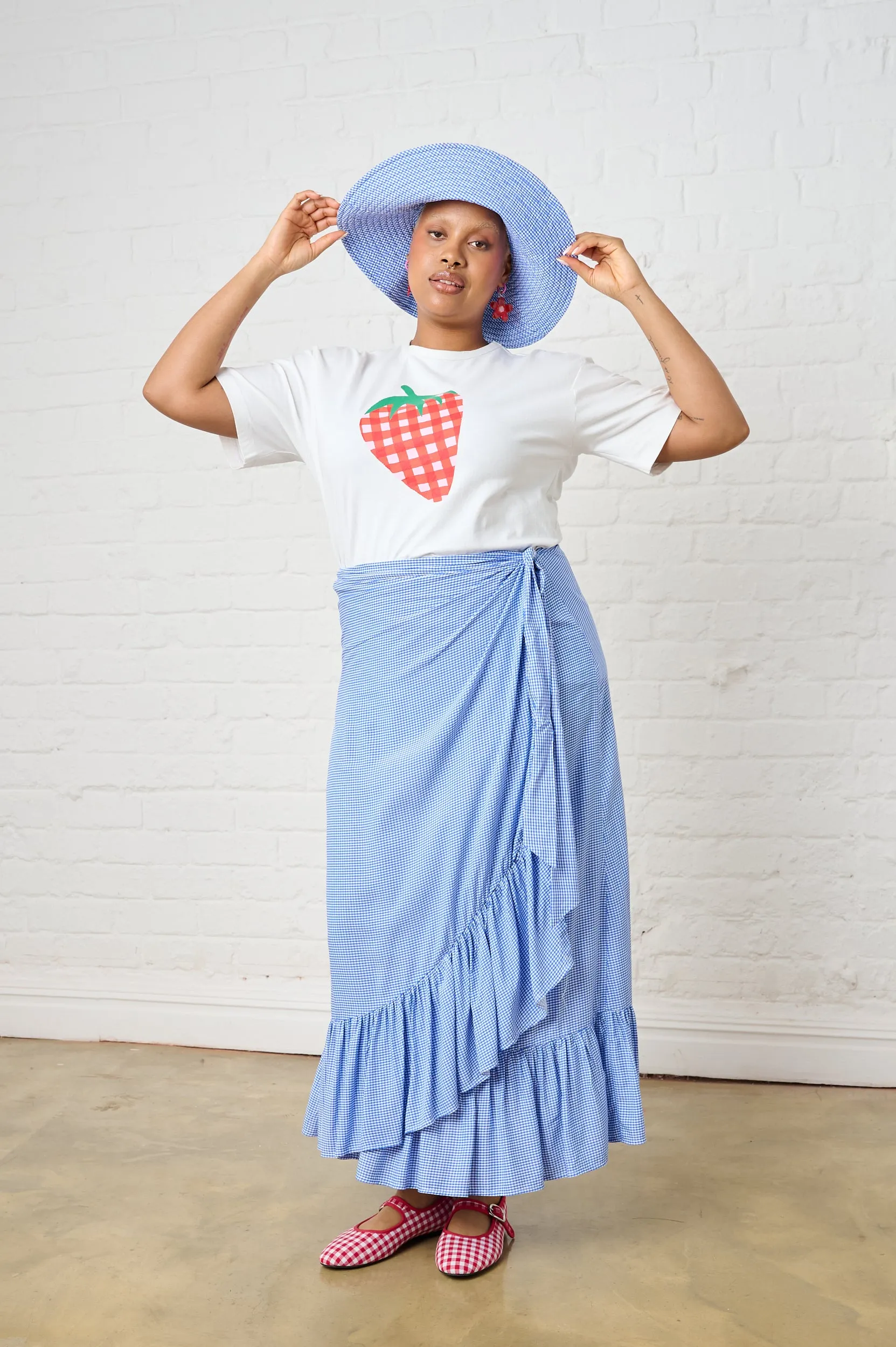 Vegan Material Collector??s Item Ruffle Wrap Skirt in Mini Gingham